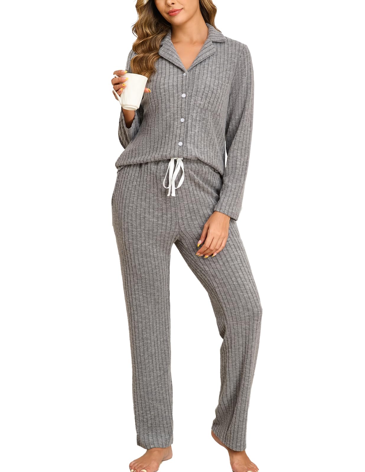 Veseacky Women's Ribbed Knit Pajamas Set 2 Piece Warm Soft Loungewear Sleepwear Pjs S-XXL