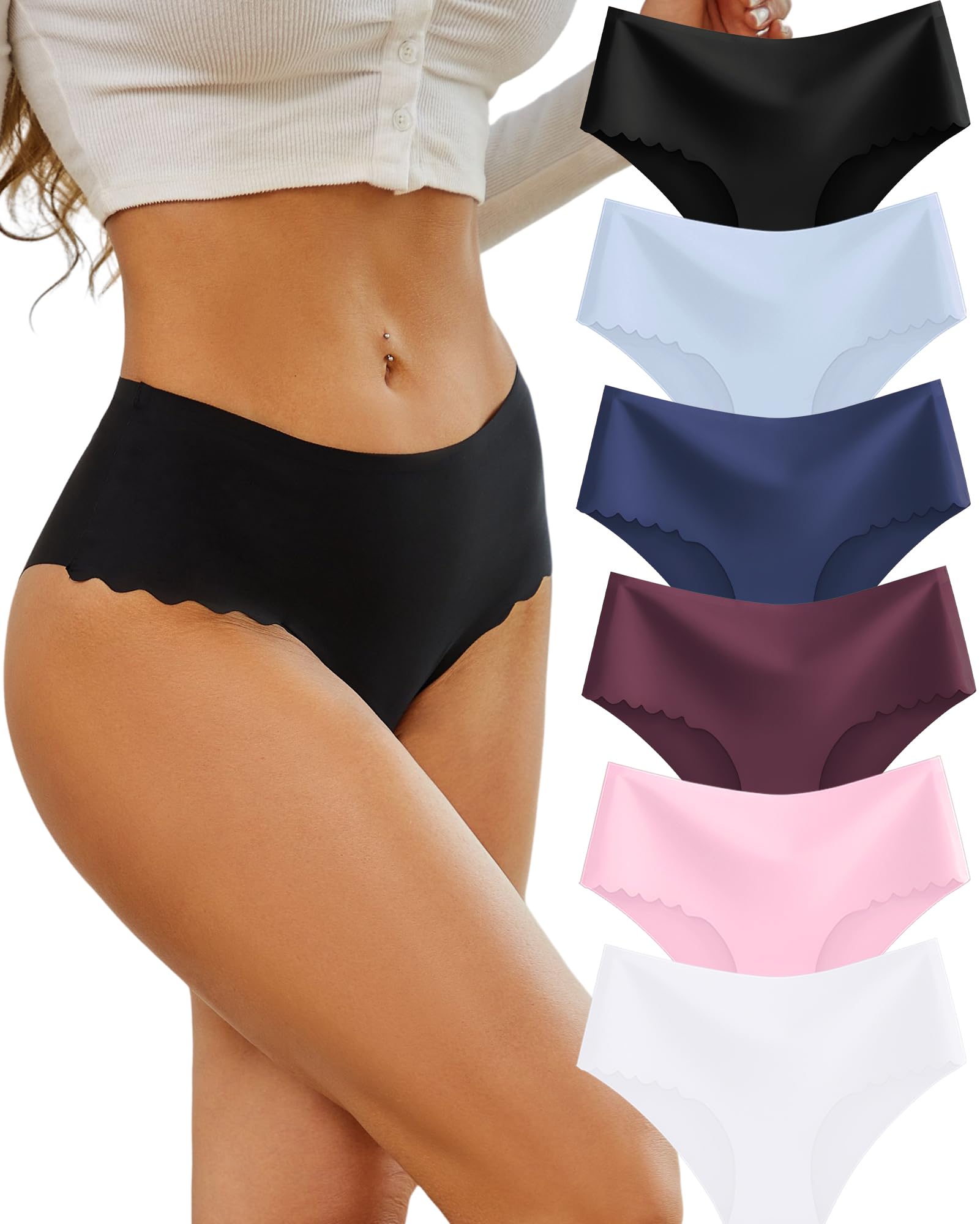 Sth Big High Waisted Seamless Underwear for Women No Show Panties Cheeky Scalloped Edge Bikini Breathable Briefs 6 Pack