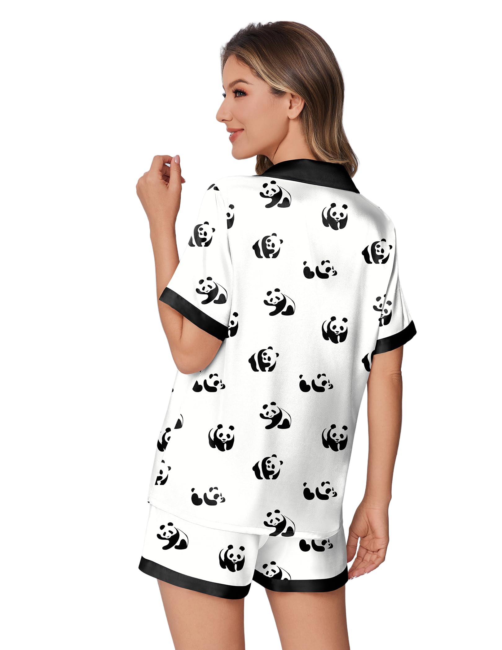 Ekouaer Womens Silky Satin Pajamas Set Short Sleeve Colorful Print Pjs