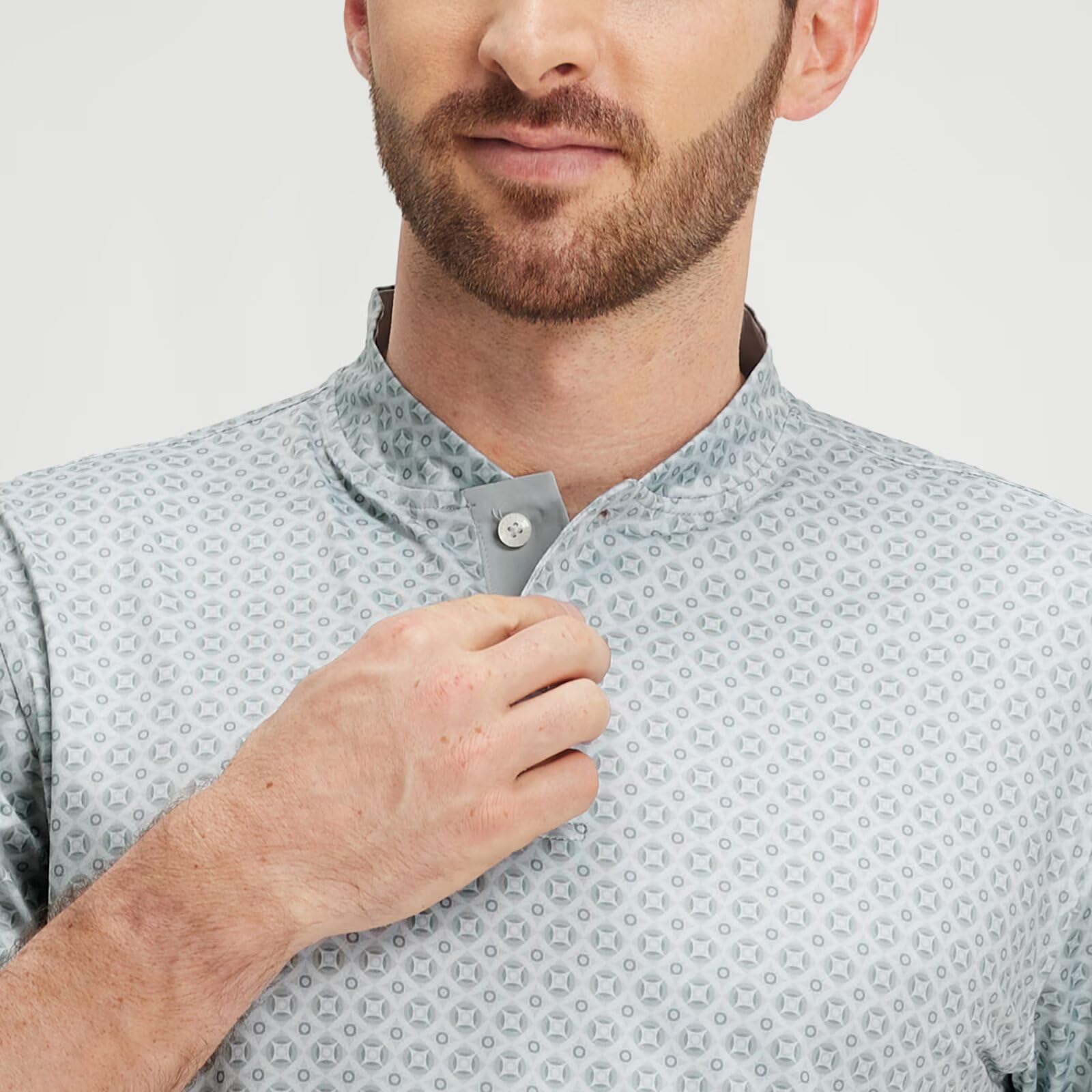 M MAELREG Golf Shirts for Men Collarless Performance Dry Fit Stretch Henley Casual Printed Mens Polo Shirts Short Sleeve