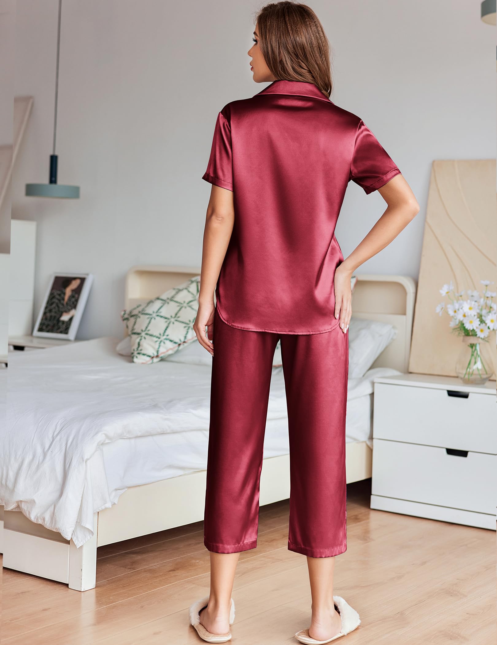 Ekouaer Womens Satin Silky Capri Pajamas Short Sleeve Button Down Sleepwear