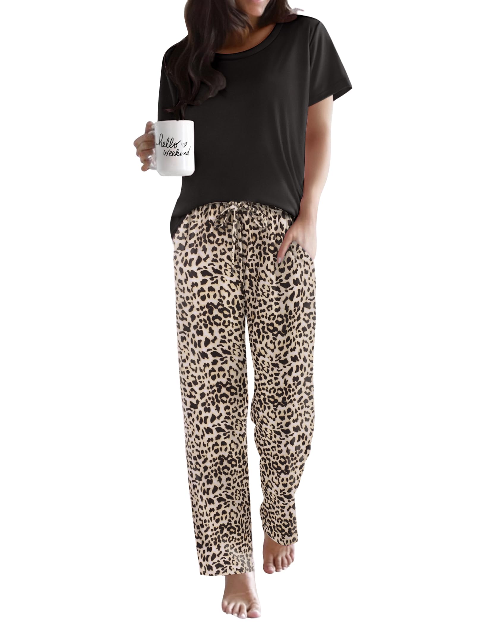 Ekouaer Womens Pajamas Sets Round Neck Pjs Loose Lounge Sets Sleepwear