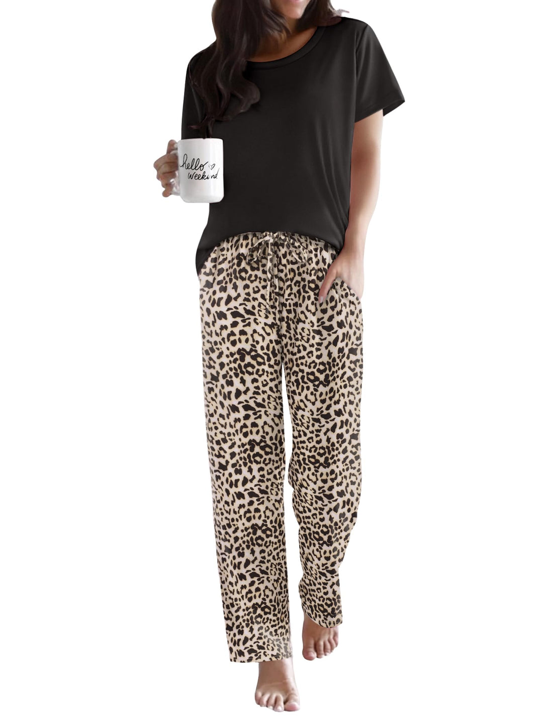Ekouaer Womens Pajamas Sets Round Neck Pjs Loose Lounge Sets Sleepwear