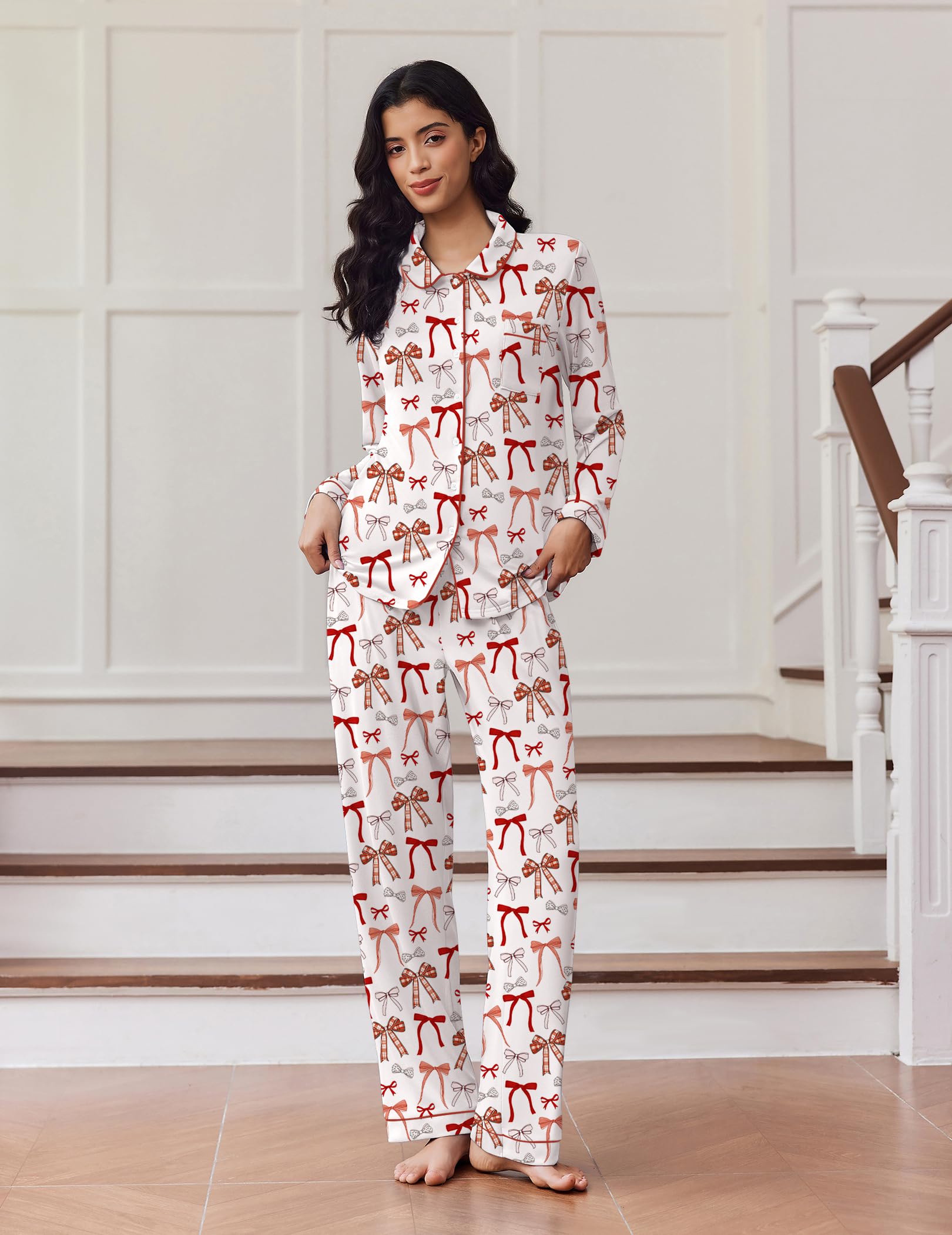Ekouaer Women's Pajama Set Long Sleeve Lounge Set Soft Button Down Pjs