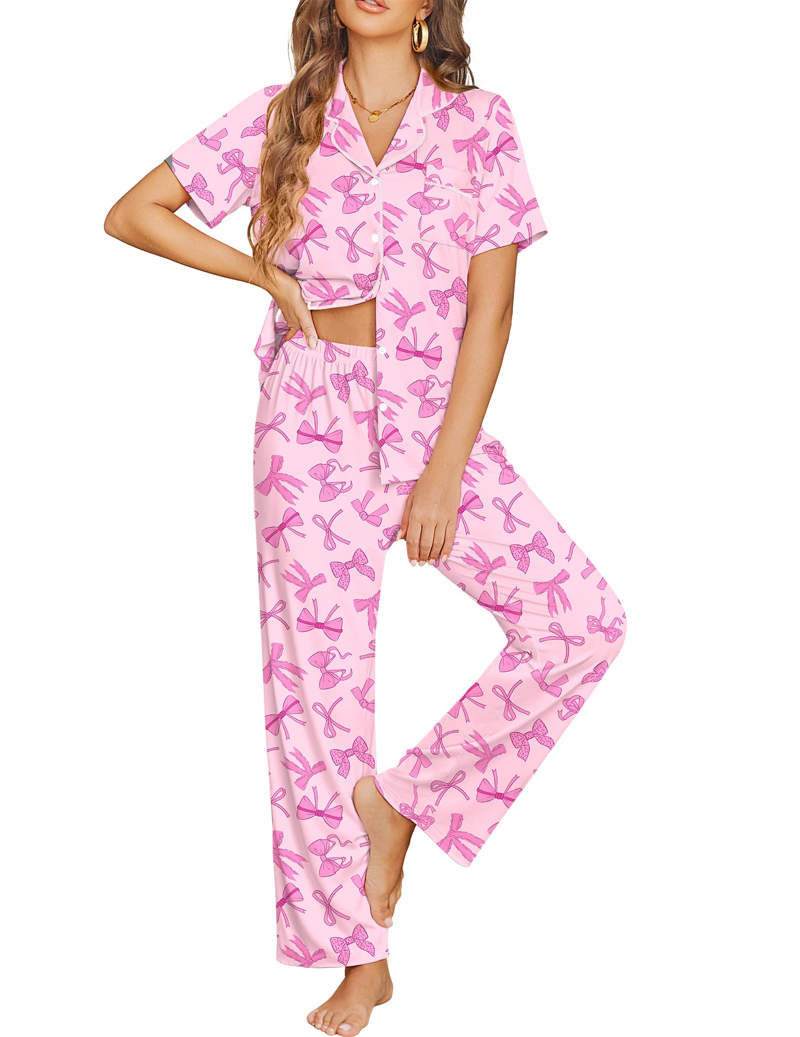 Ekouaer Womens Pajama Sets Button Down Lounge Sets 2 Piece Short Sleeve Pjs