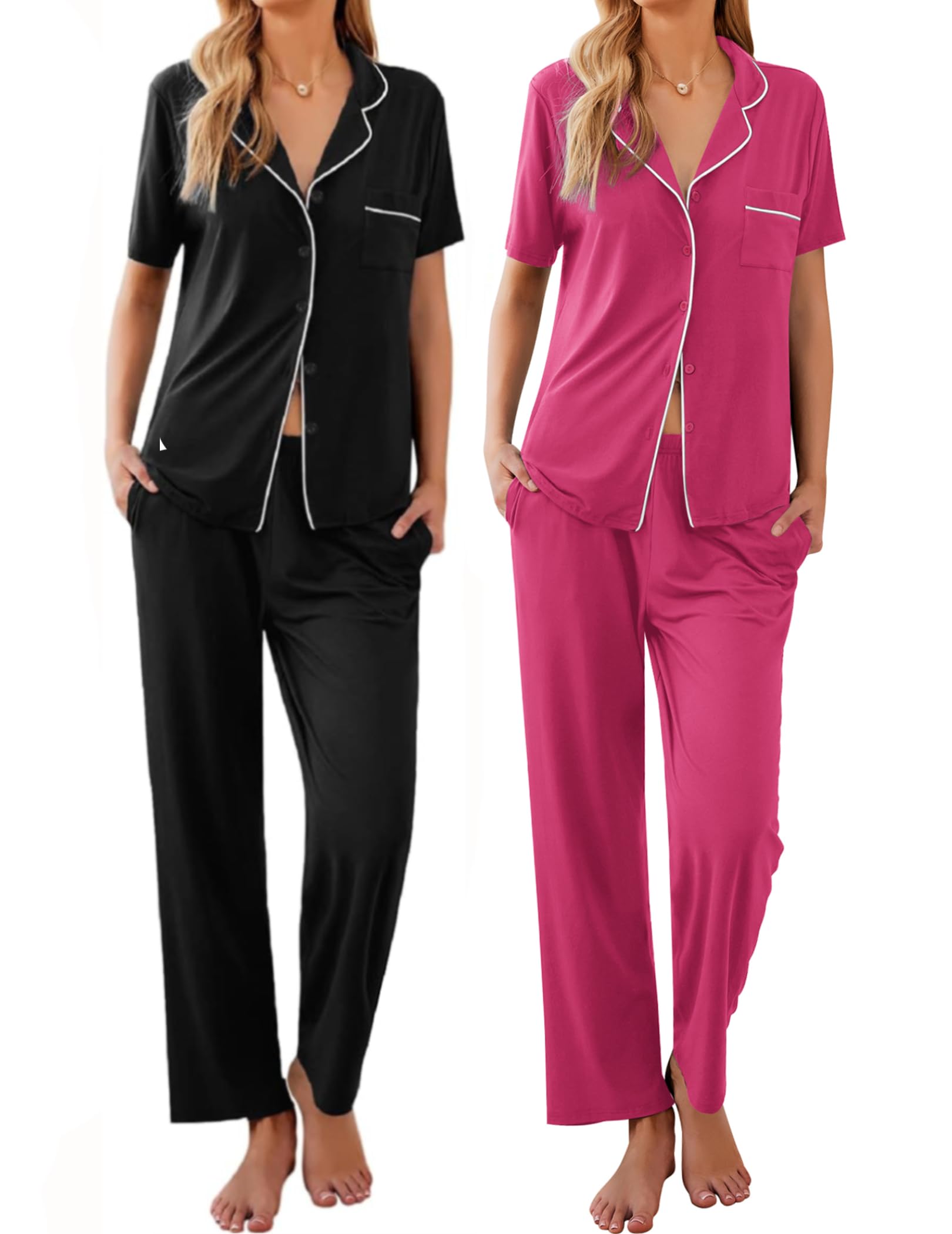 Ekouaer 2 Pack Womens Pajamas Sets Short Sleeve Pjs Button Up Sleepwear Set