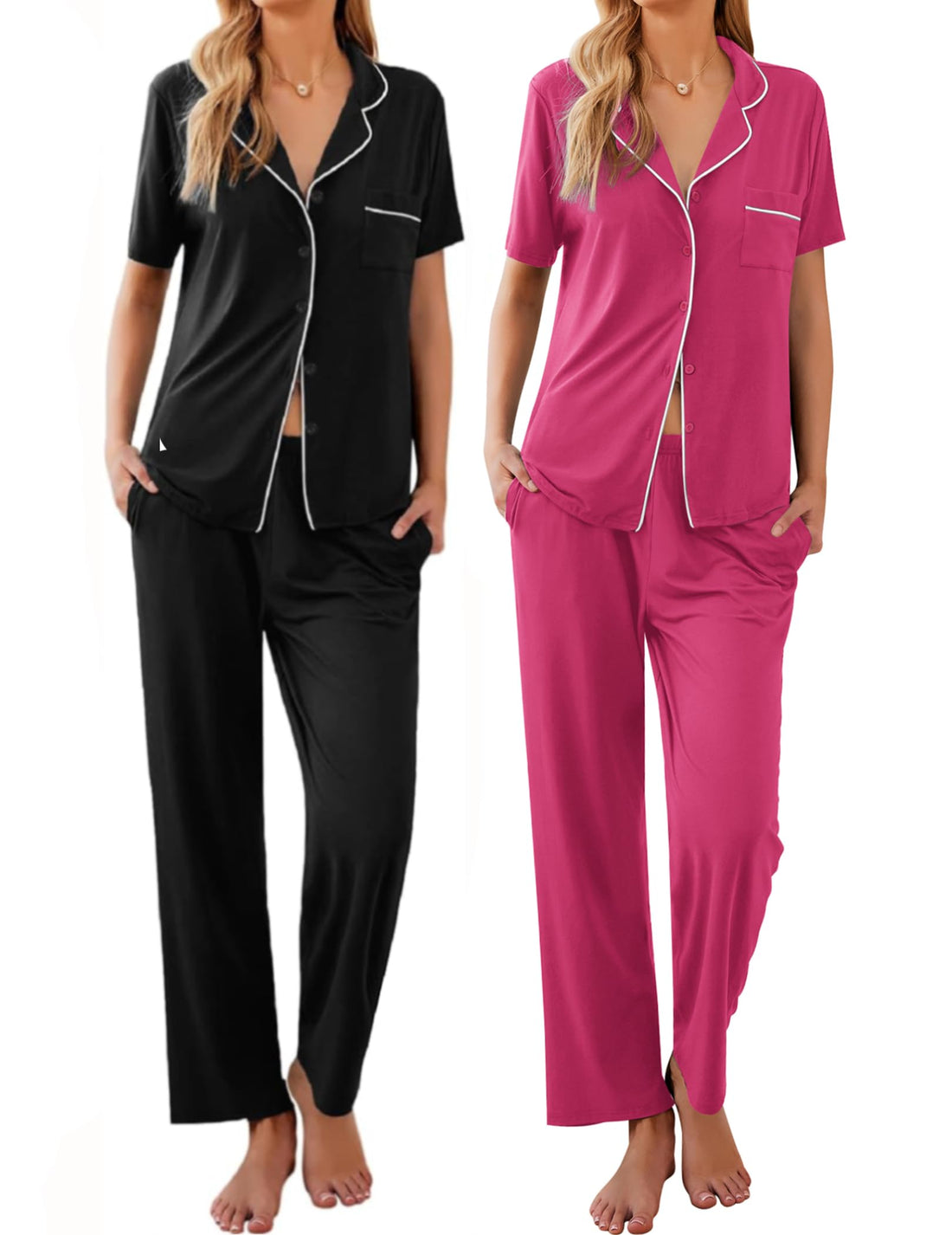 Ekouaer 2 Pack Womens Pajamas Sets Short Sleeve Pjs Button Up Sleepwear Set
