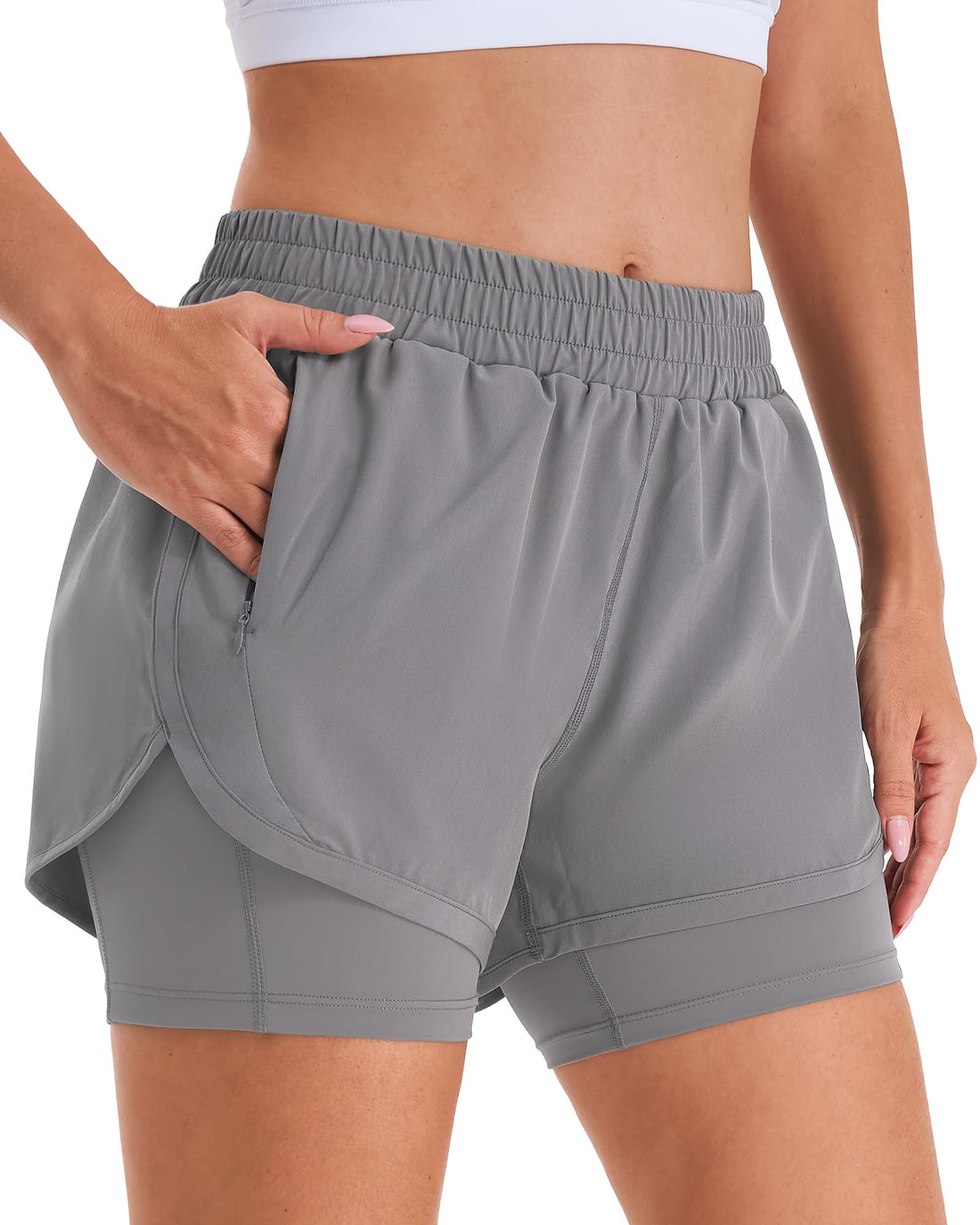 Stelle Women 2 in 1 Running Shorts High Waisted Athletic Shorts Gym Workout Shorts with Liner Zipper Pockets