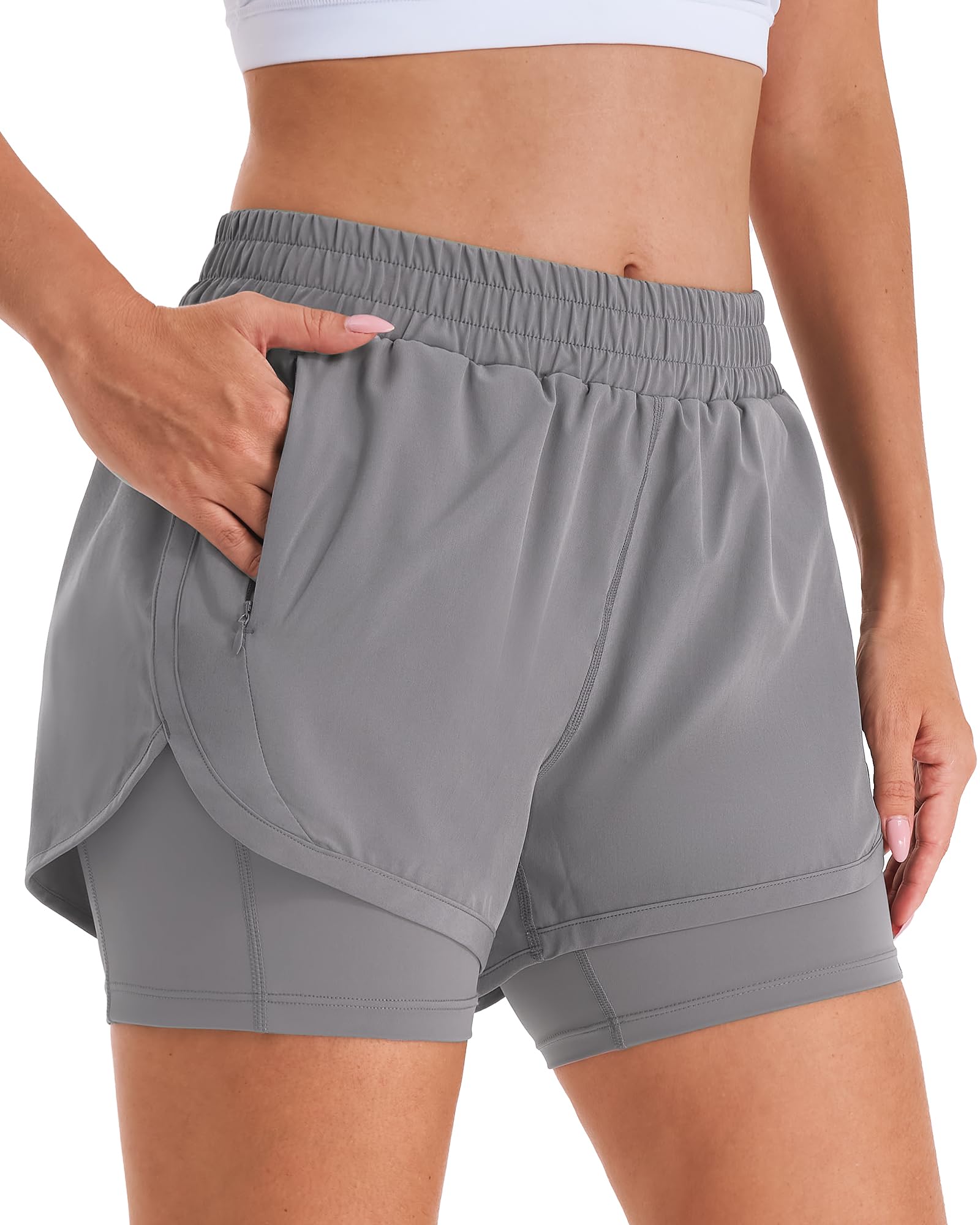 Stelle Women 2 in 1 Running Shorts High Waisted Athletic Shorts Gym Workout Shorts with Liner Zipper Pockets