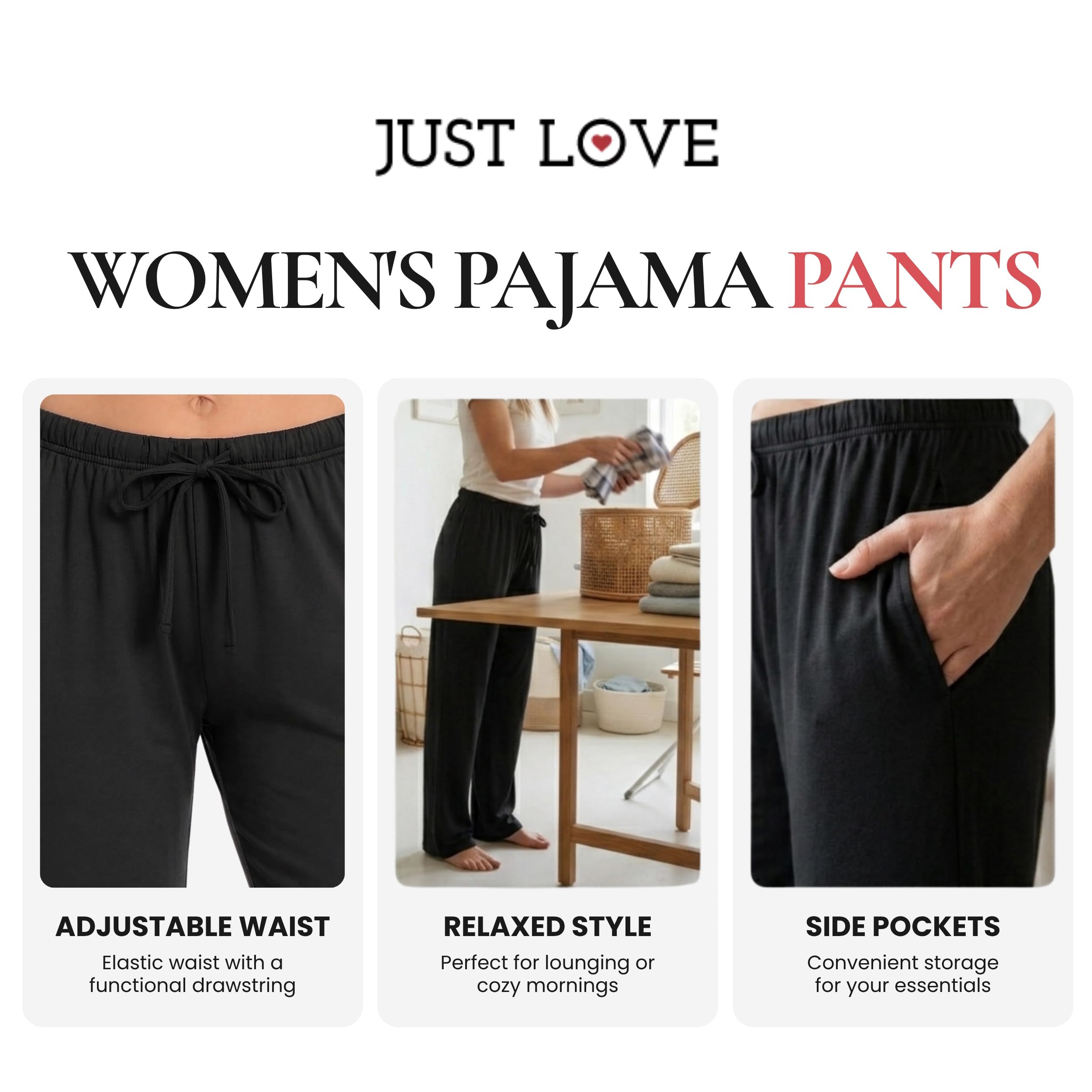 Just Love Women's Pajama Pants, Soft Stretch Jersey PJ Bottoms with Two Pockets, Elastic Waist and Drawstring