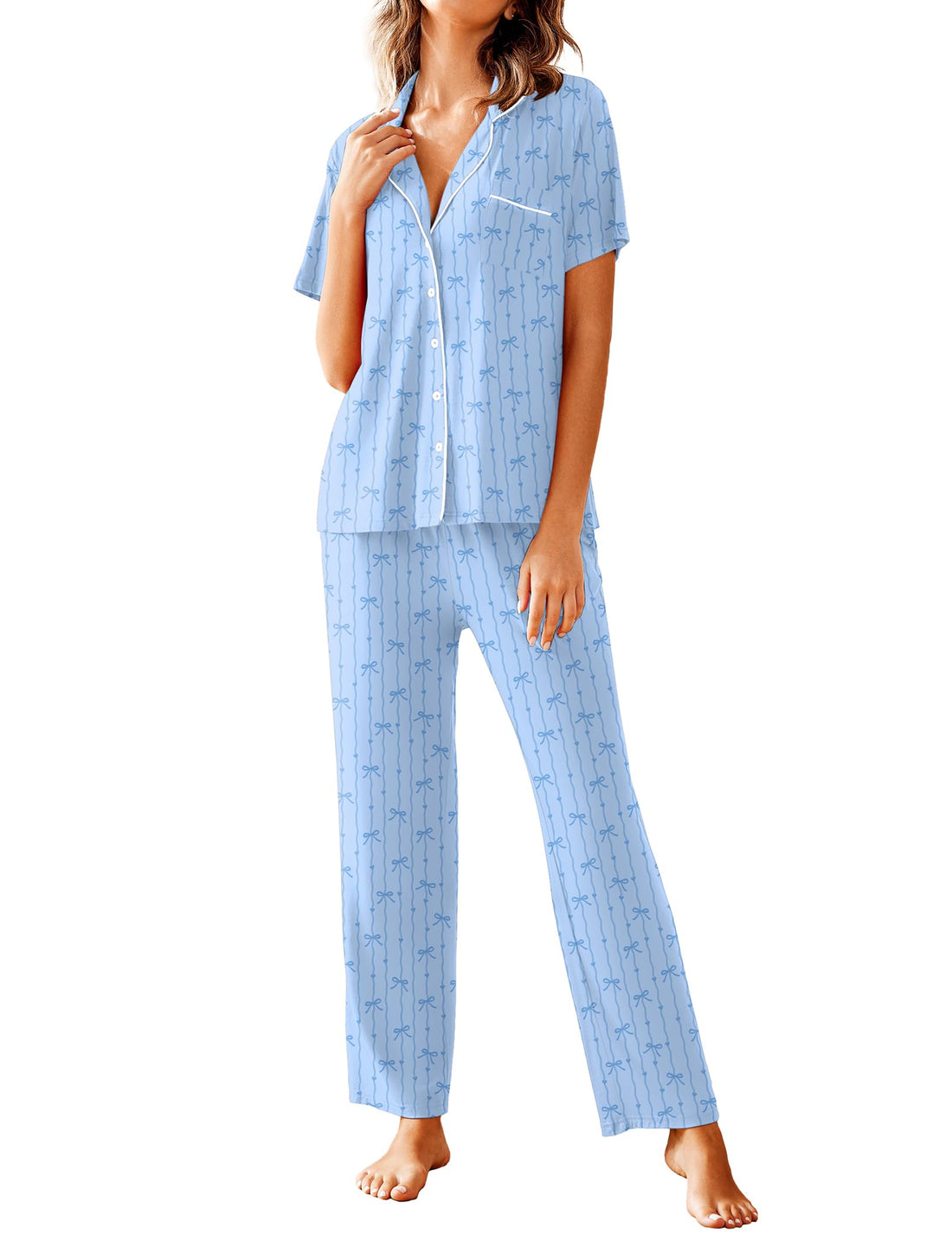 Avidlove Women Pajamas Set Notch Collar Soft Sleepwear Pjs Short Sleeve Button Down Nightwear with Long Pants