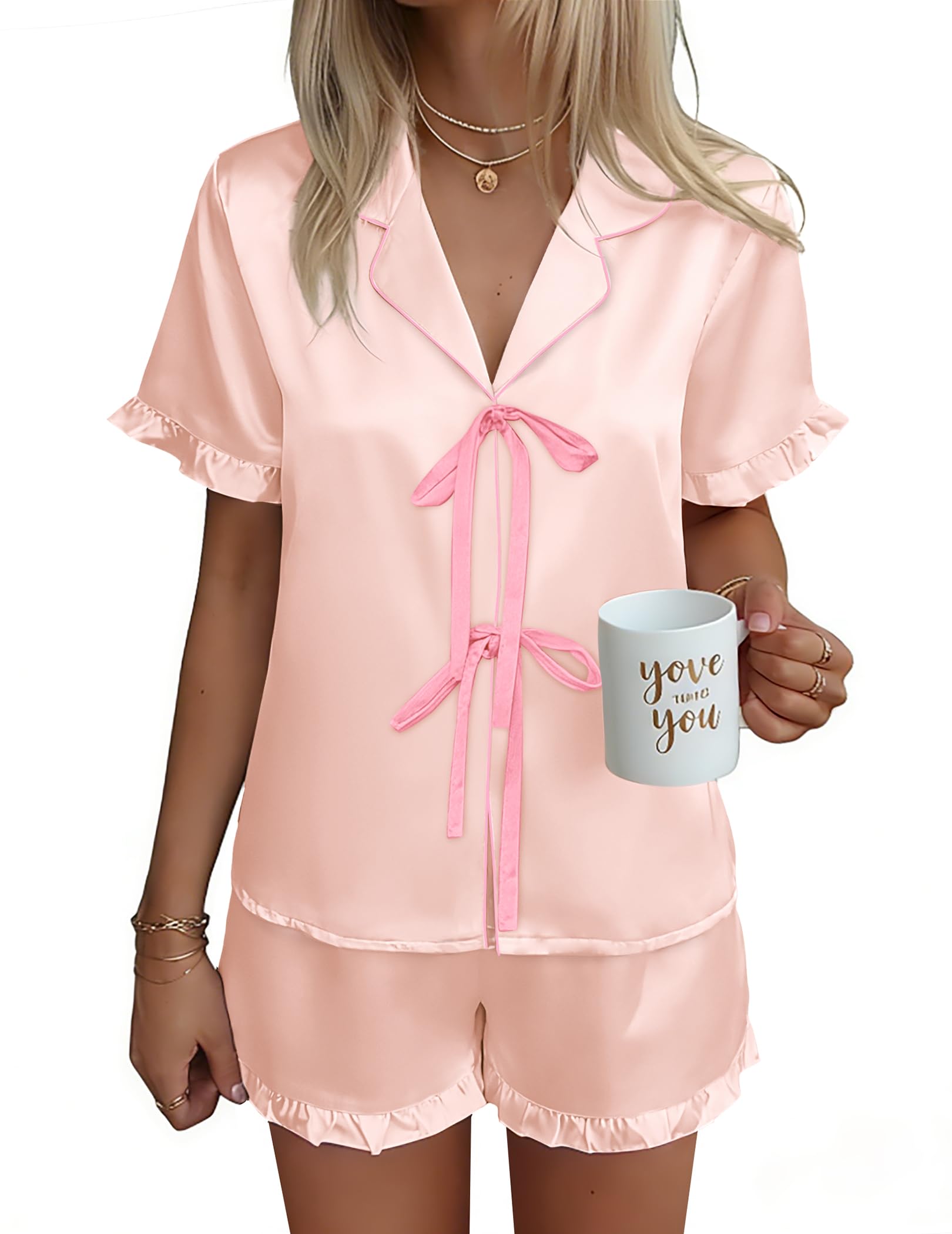 Ekouaer Satin Pajama for Women Short Sleeve Silky Pj Short Sets Lounge Set