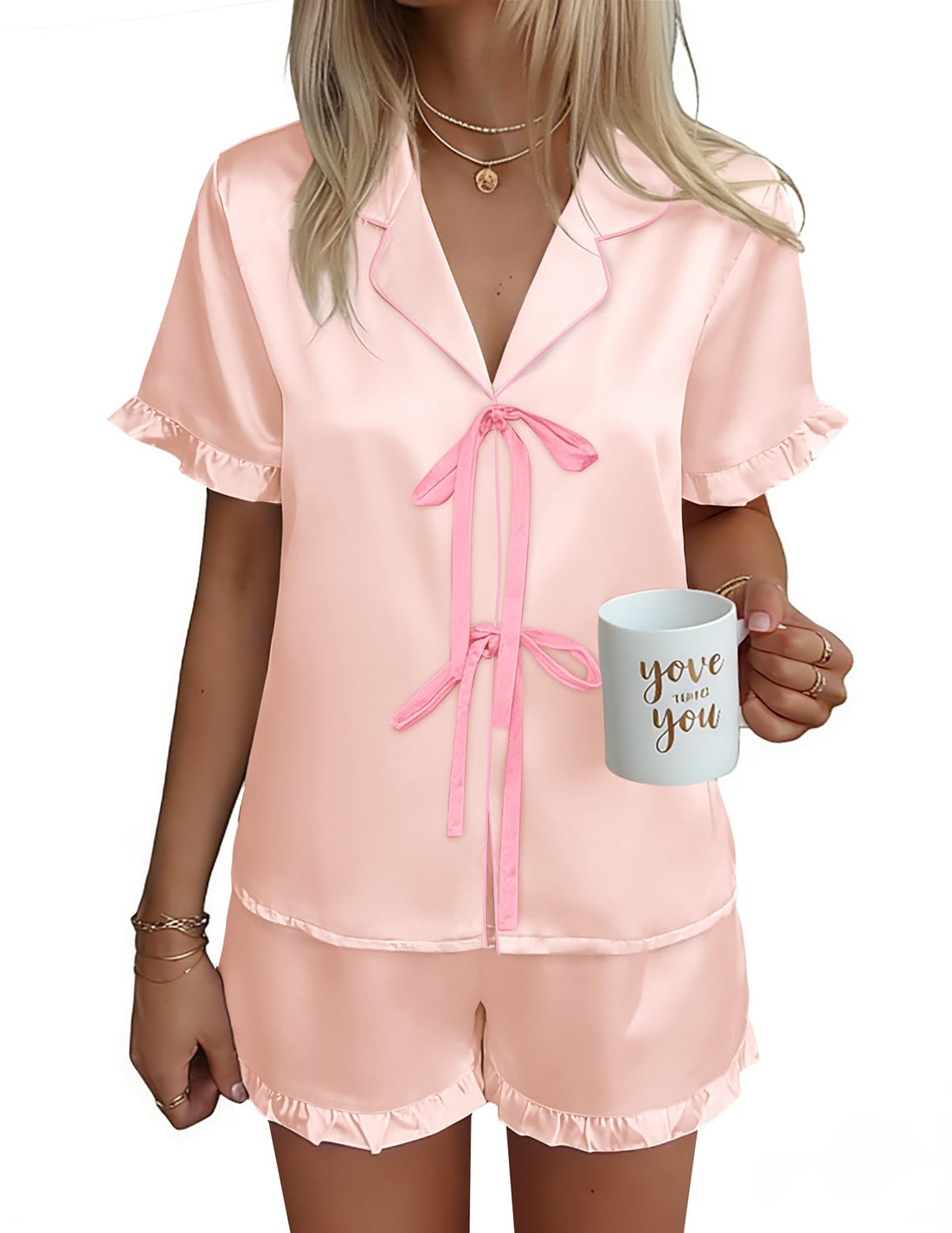 Ekouaer Satin Pajama for Women Short Sleeve Silky Pj Short Sets Lounge Set