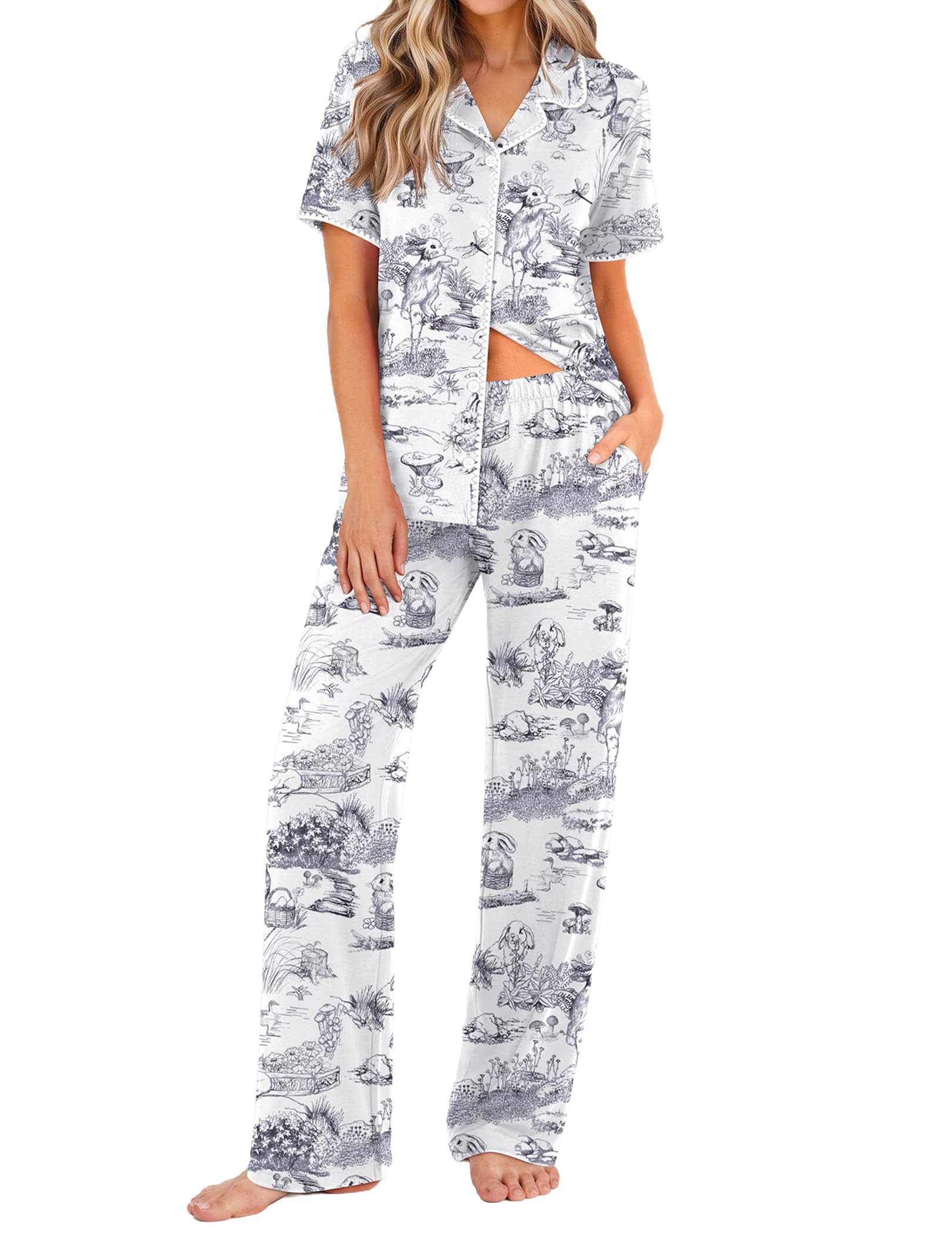 Ekouaer Womens Pajamas Set Button Down Loungewear Short Sleeve Pants Pjs