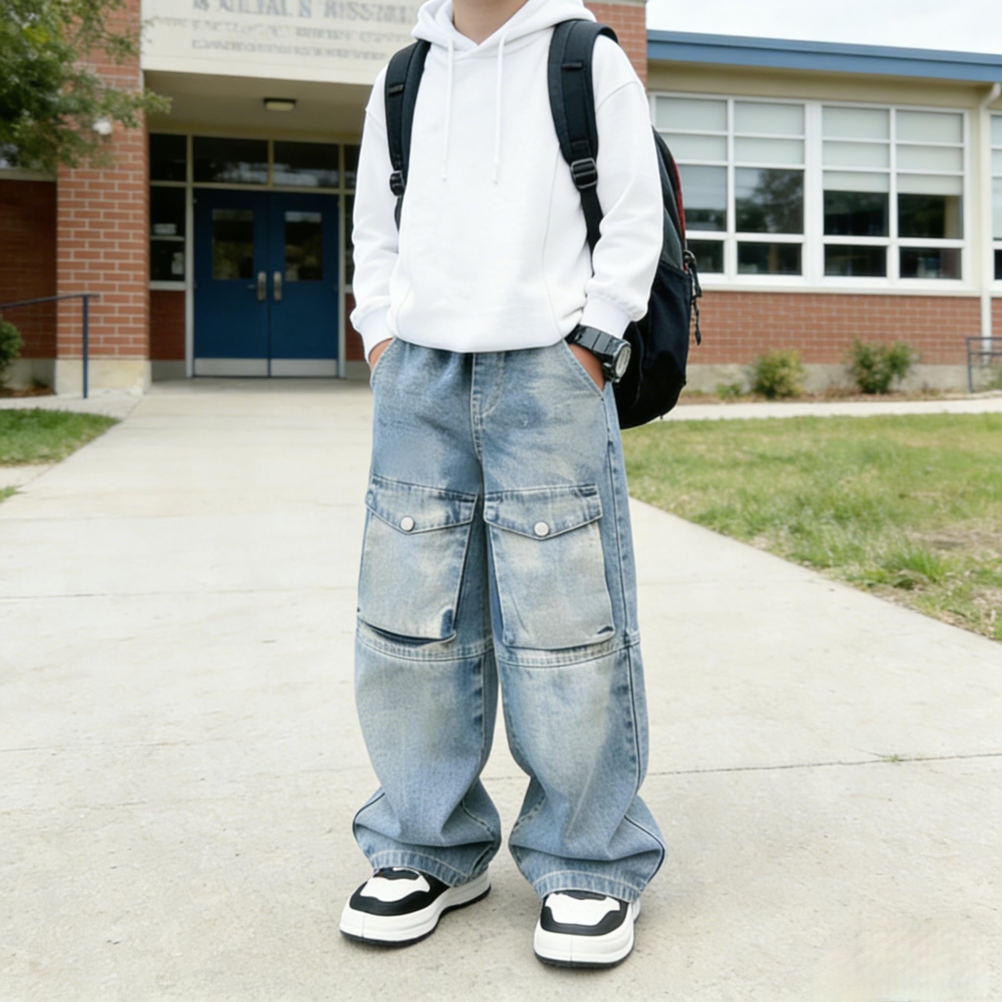 Baggy Jeans for Boys Cargo Jeans, Mid Rise Elastic Waist Multi-Pockets Denim Pants School Streetwear Size 8-12