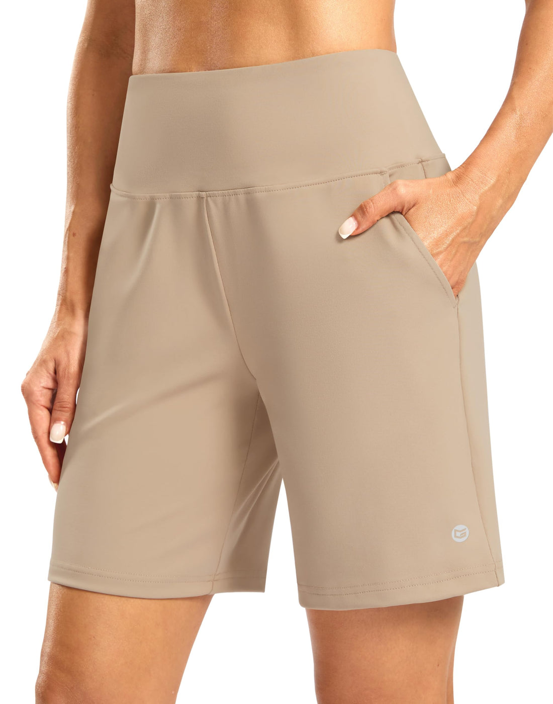 Women's Athletic Shorts with Zipper Pocket 7" High Waisted Stretchy Bermuda Shorts for Women Workout Running Casual