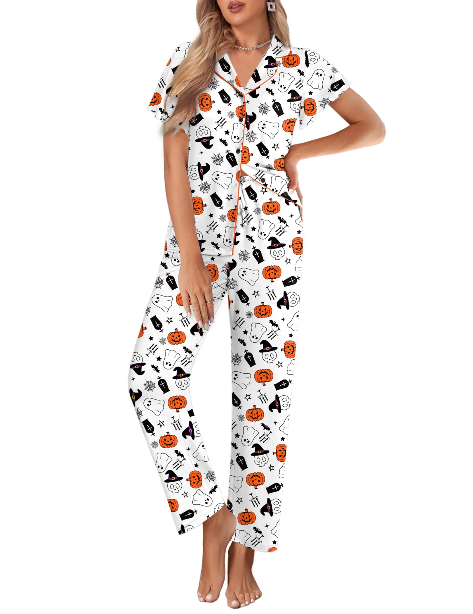 Ekouaer Pajamas for Women Set Ruffle Sleeve Button Up with Long Pants