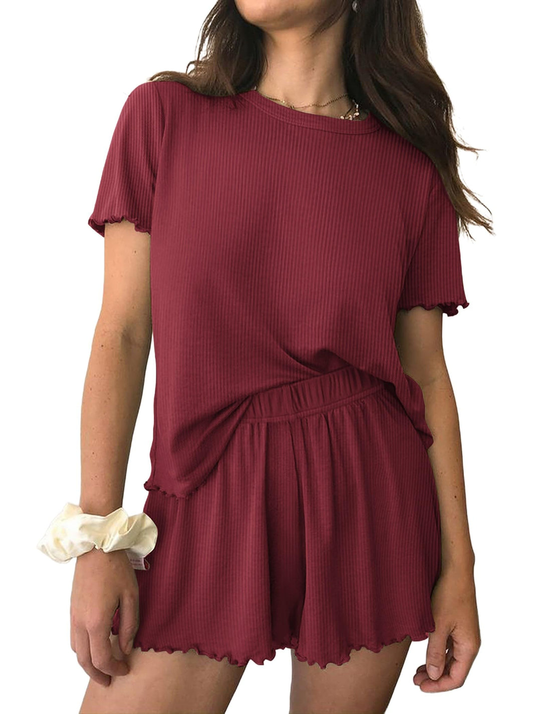 Ekouaer Womens Pajamas 2 Piece Ribbed Knit Pjs Short Sleeve Lounge Sets
