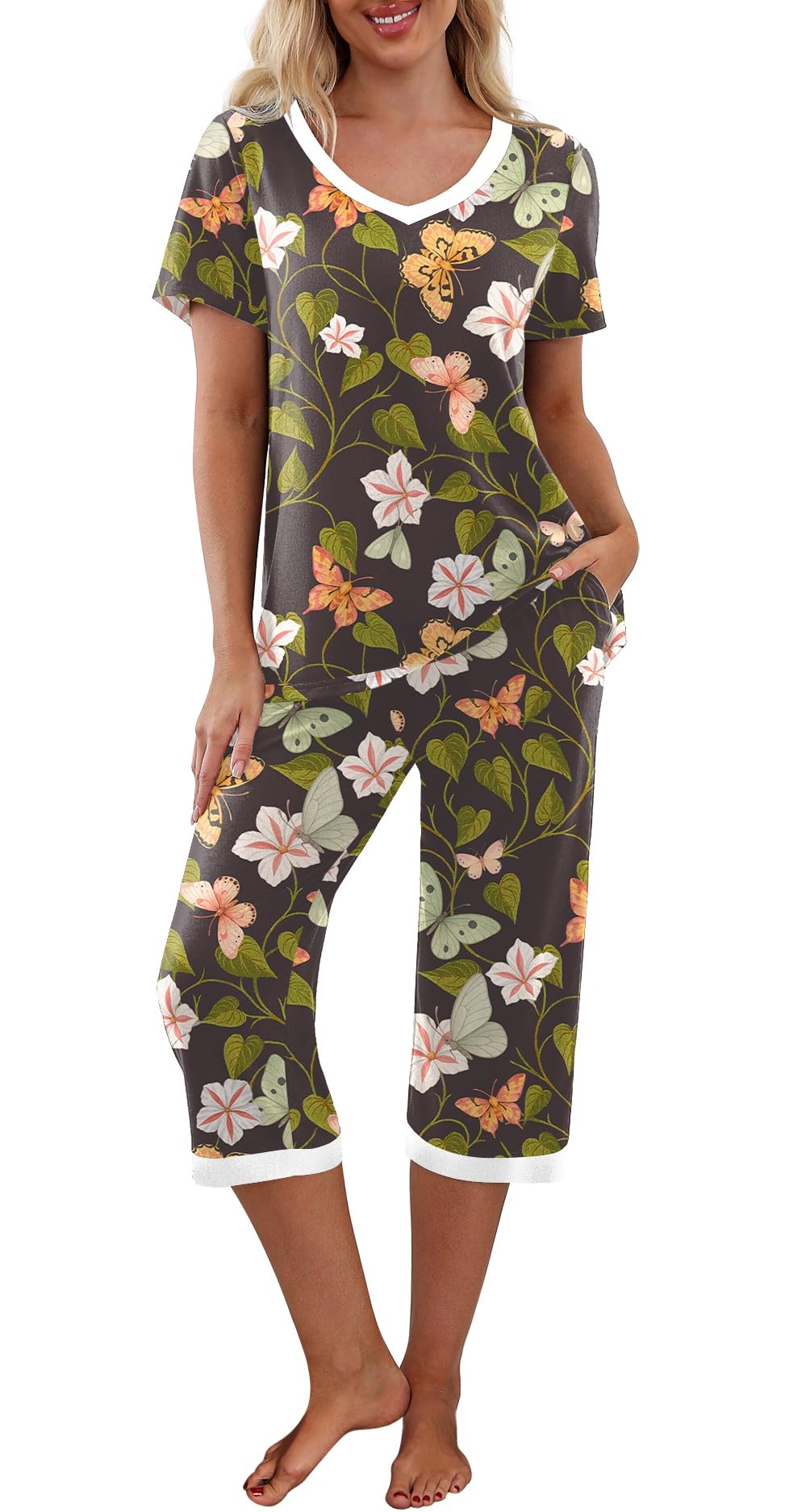 PrinStory Womens Pajama Sets Capri Pjs Soft Lounge Sets S-4XL