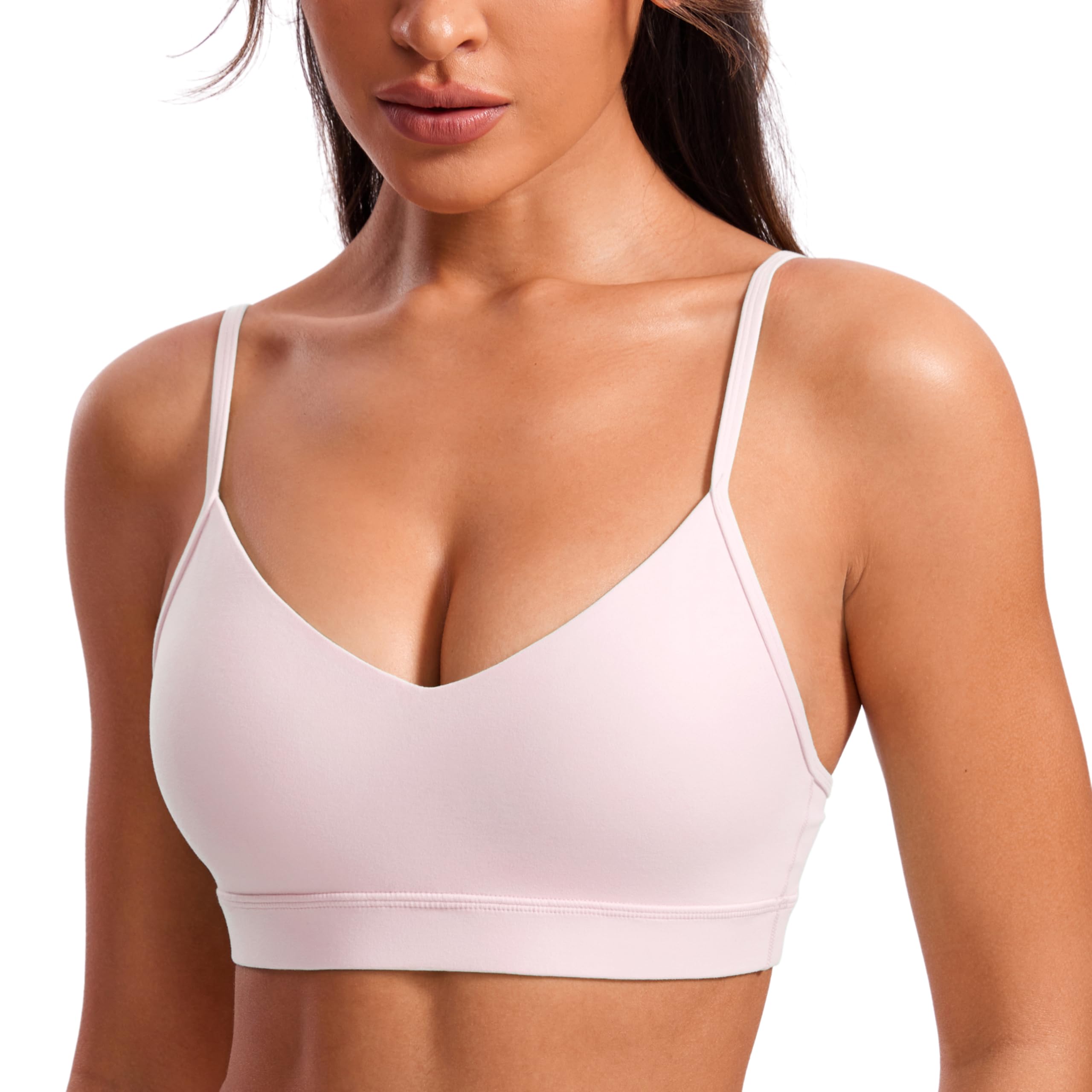 CRZ YOGA Butterluxe V Neck Sports Bras | Light Support, Removable Pads, Yoga, Extremely Soft, Square Back, Adjustable Spaghetti Straps, for Women