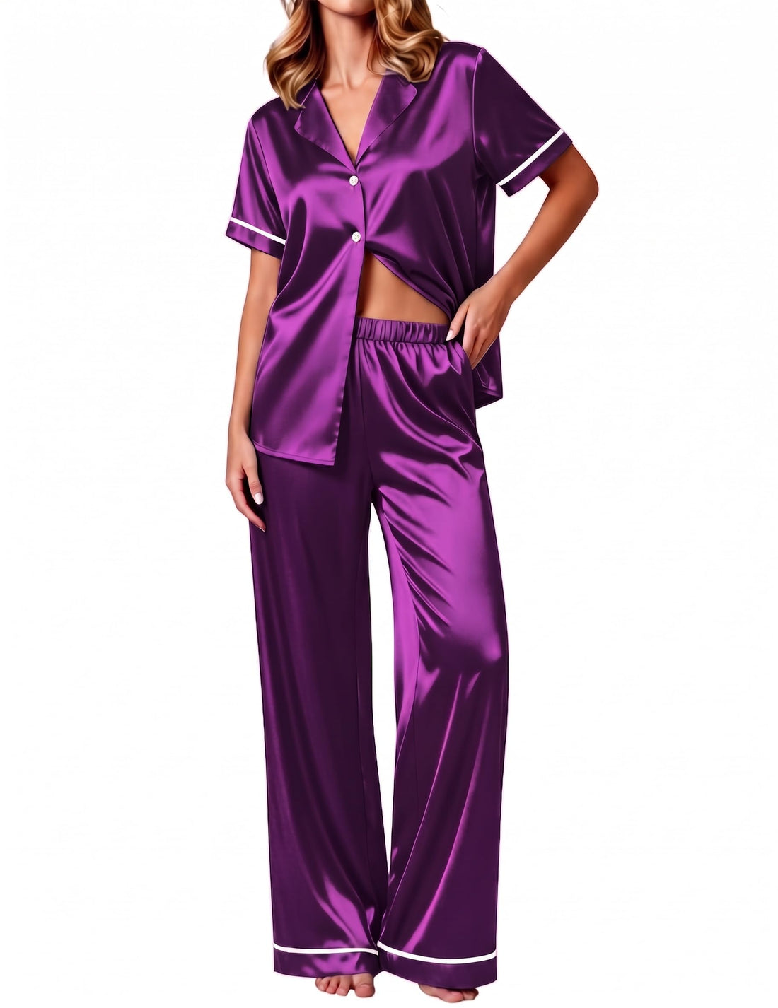 Ekouaer Women's Silk Pajamas Set Short Sleeve Pjs Button Down Lounge Set