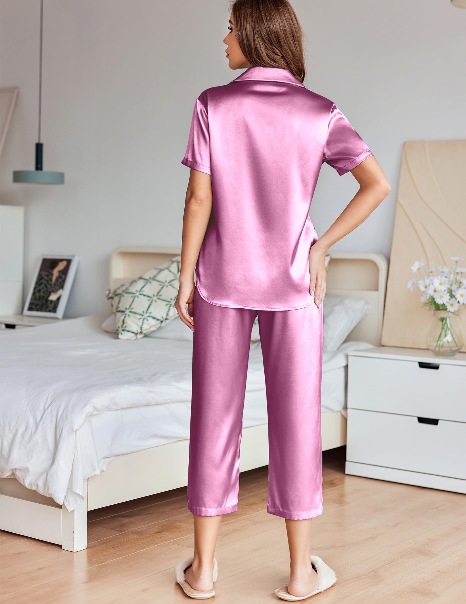 Ekouaer Womens Satin Silky Capri Pajamas Short Sleeve Button Down Sleepwear