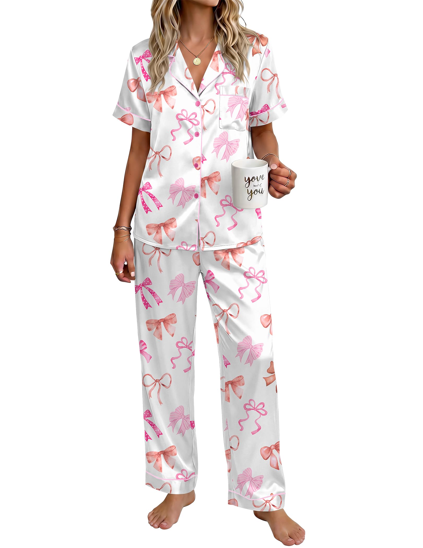 Ekouaer Womens Satin Pajama Set Silky Short Sleeve Button Down Pj Set