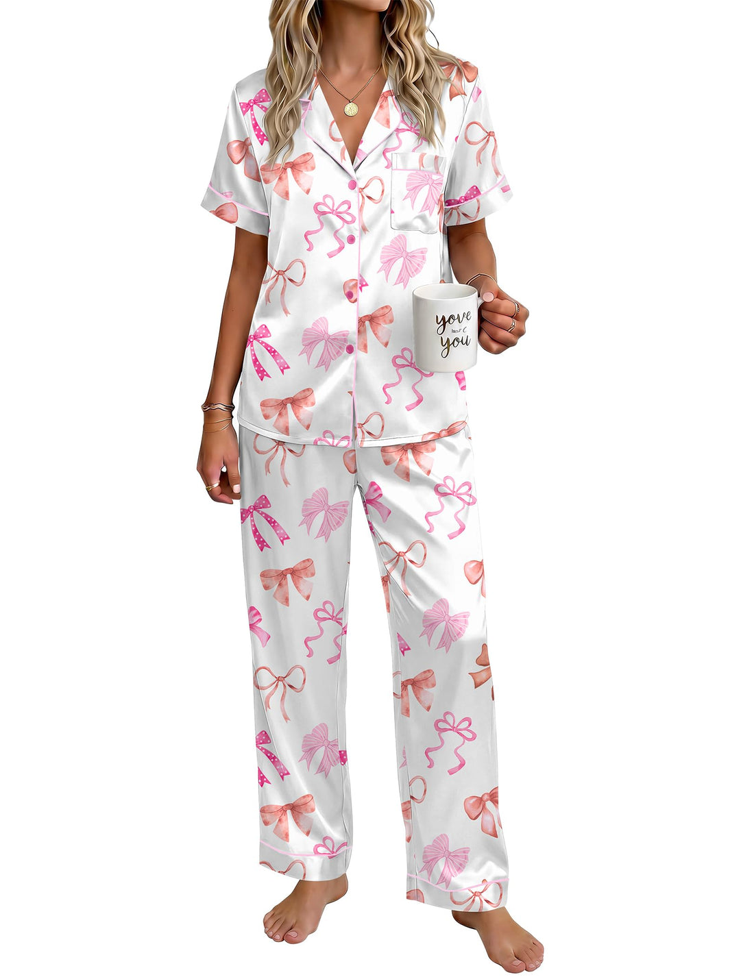 Ekouaer Womens Satin Pajama Set Silky Short Sleeve Button Down Pj Set