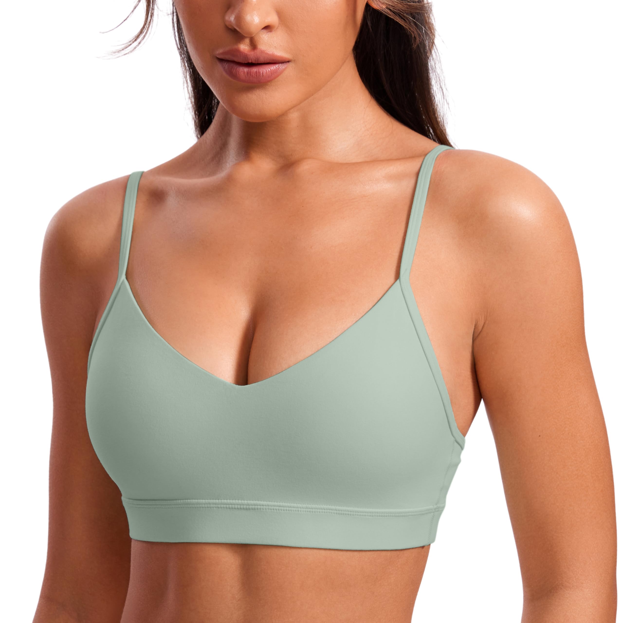 CRZ YOGA Butterluxe V Neck Sports Bras | Light Support, Removable Pads, Yoga, Extremely Soft, Square Back, Adjustable Spaghetti Straps, for Women