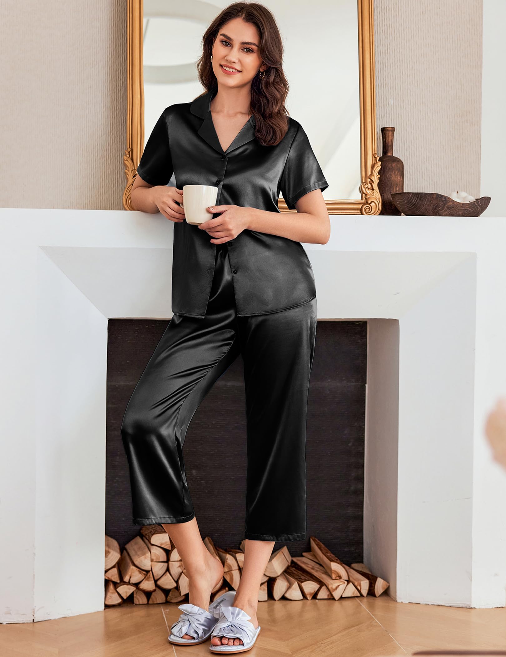 Ekouaer Womens Satin Silky Capri Pajamas Short Sleeve Button Down Sleepwear