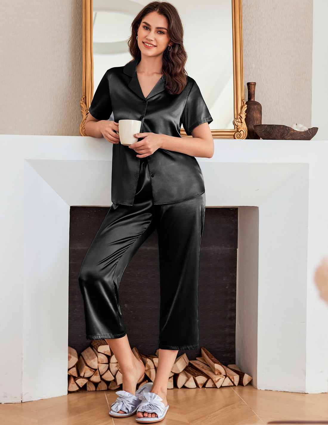Ekouaer Womens Satin Silky Capri Pajamas Short Sleeve Button Down Sleepwear