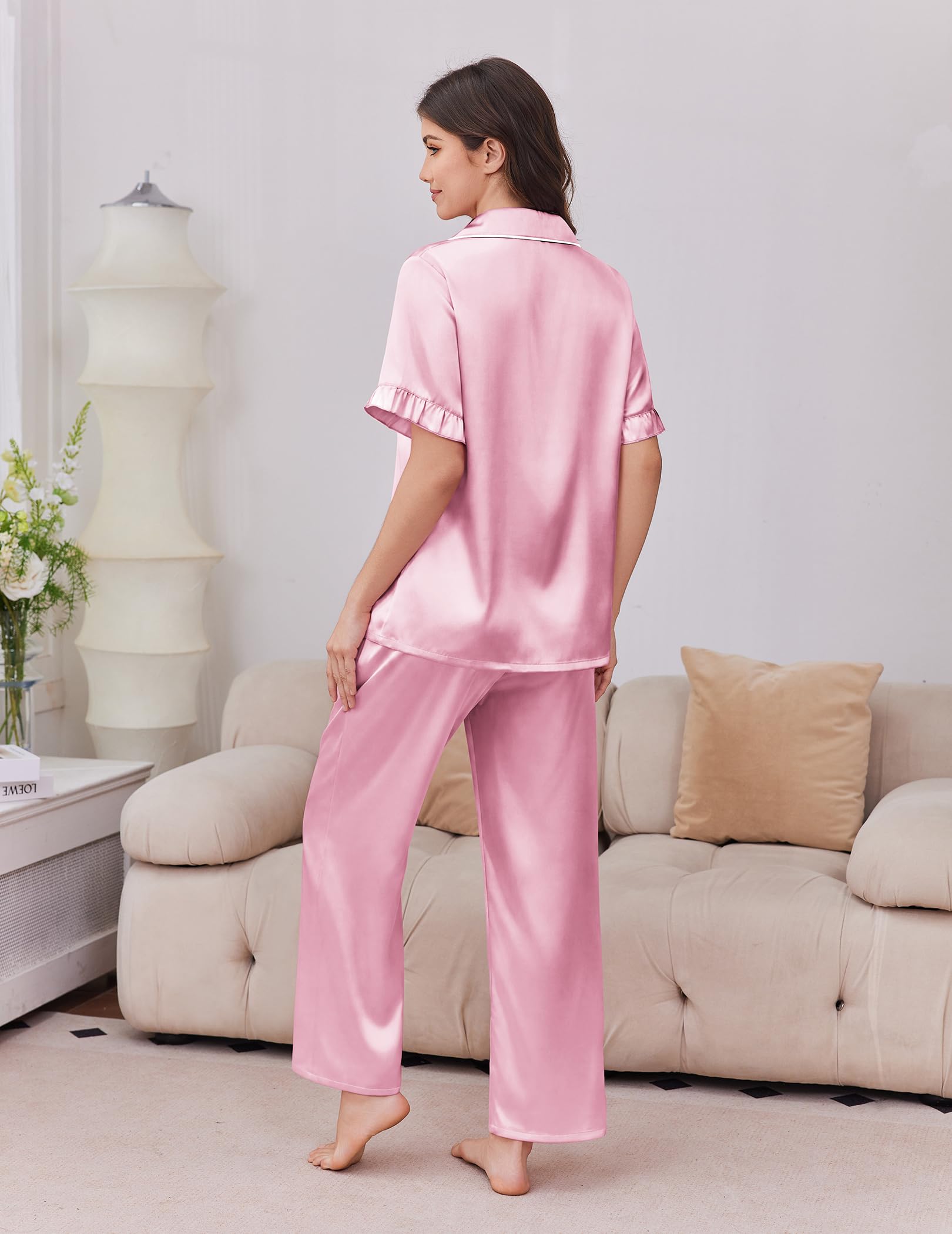 Ekouaer Silk Satin Pajamas for Women Set 2 Piece Short Sleeve Button Up Pjs