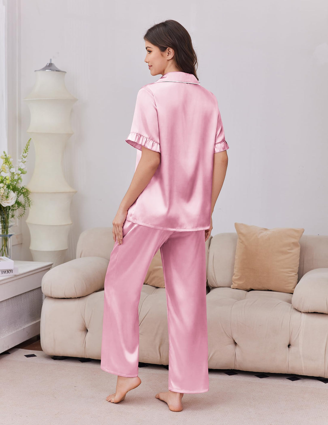 Ekouaer Silk Satin Pajamas for Women Set 2 Piece Short Sleeve Button Up Pjs