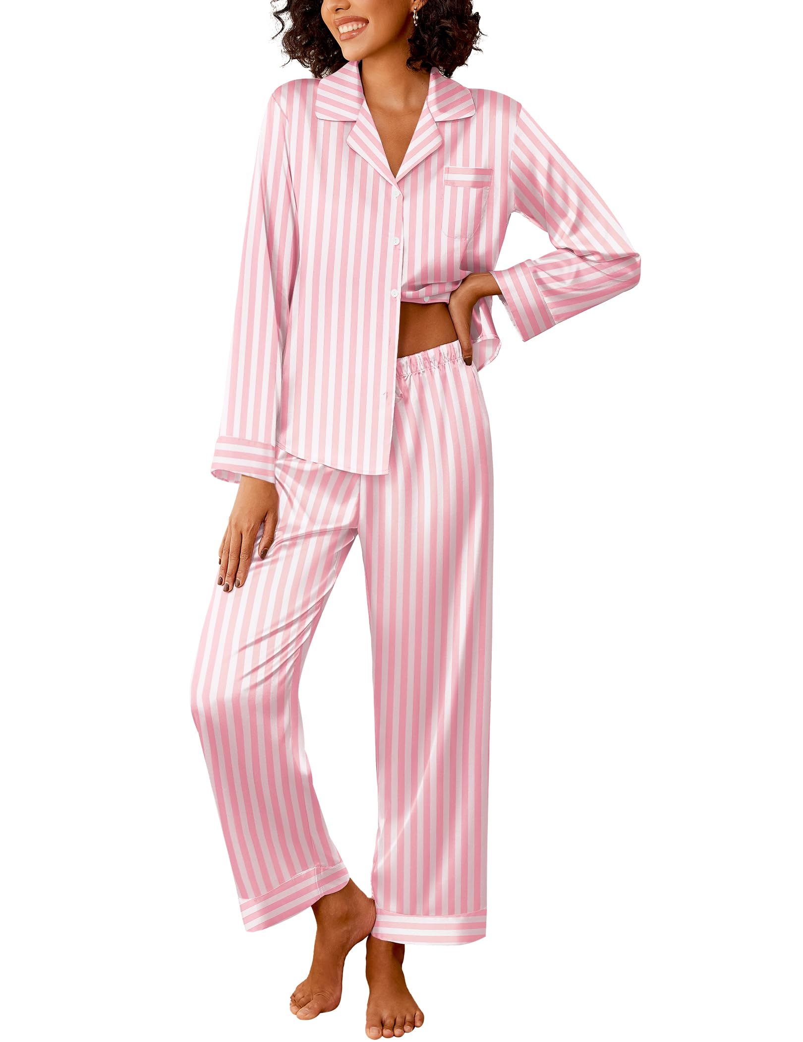 Ekouaer Womens Silk Satin Pajama Sets 2 Piece Pjs Set Stripe Sleepwear