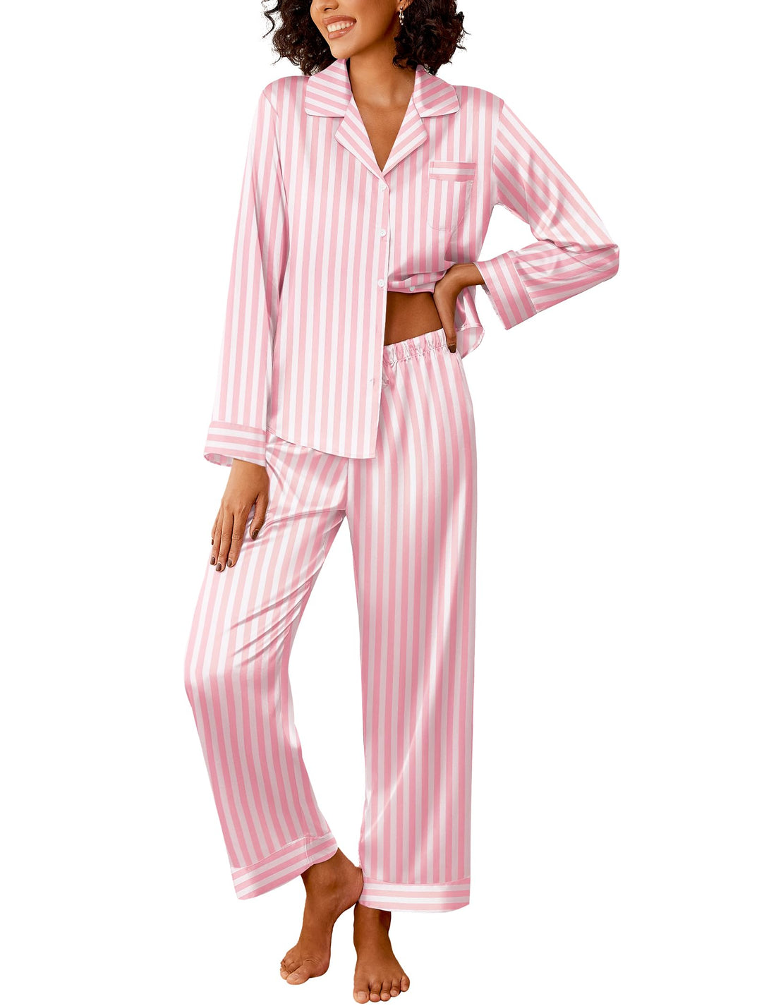 Ekouaer Womens Silk Satin Pajama Sets 2 Piece Pjs Set Stripe Sleepwear