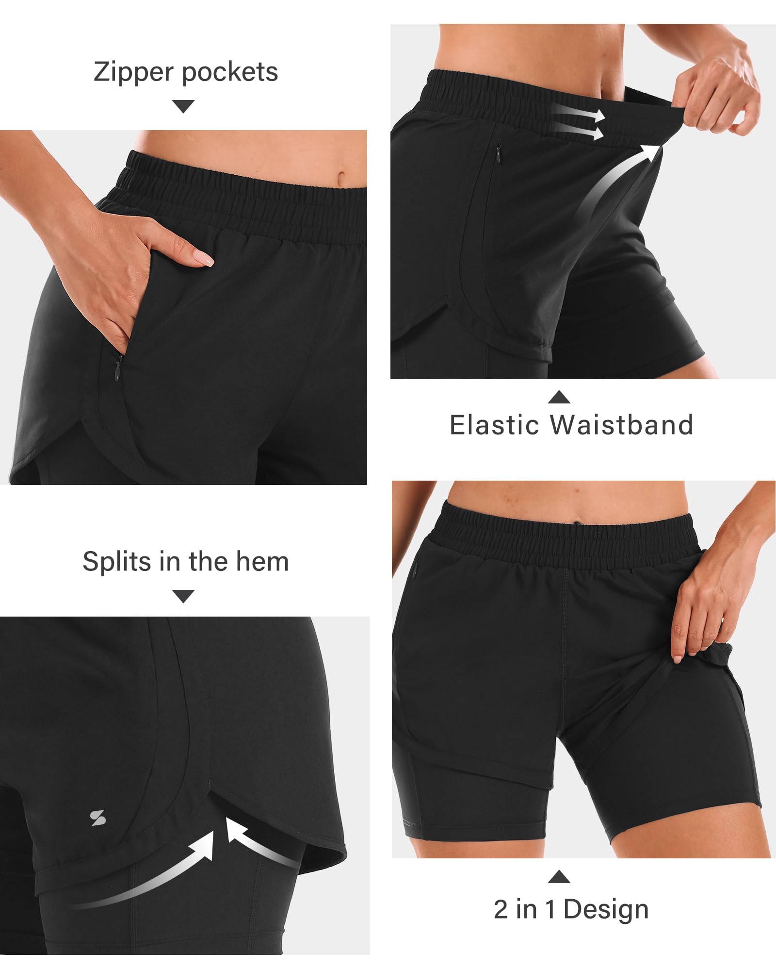 Stelle Women 2 in 1 Running Shorts High Waisted Athletic Shorts Gym Workout Shorts with Liner Zipper Pockets