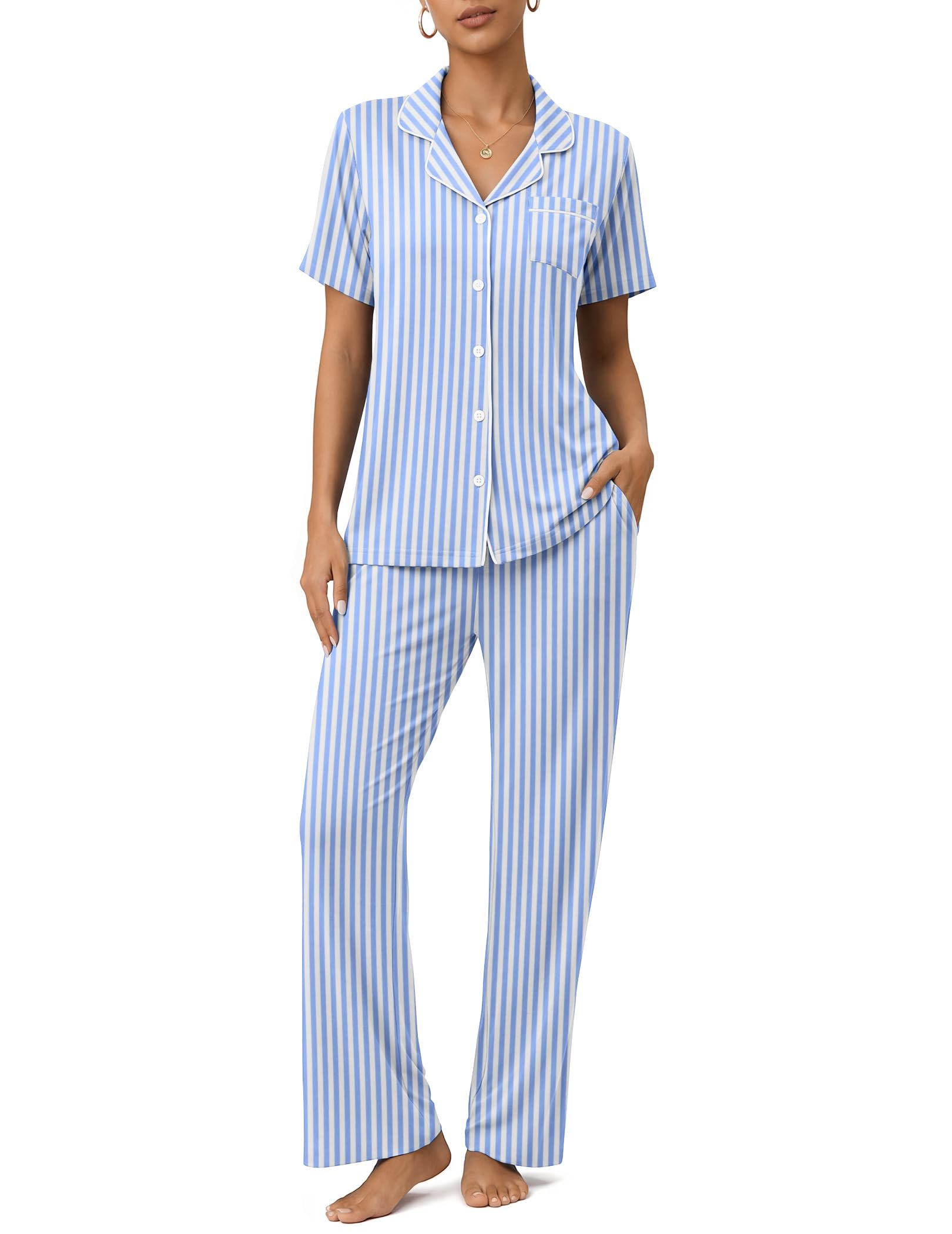 Womens Pajamas Sets 2 Piece Button Up Pj Sets Short Sleeve with Long Pant