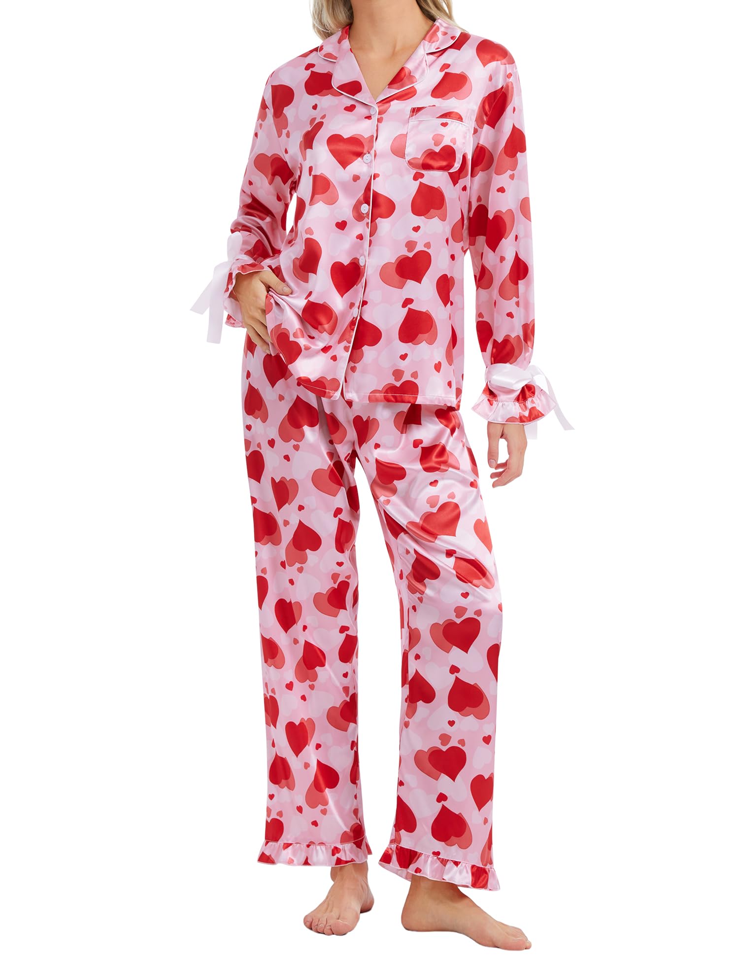SWOMOG Womens Silk Satin Pajamas Set Long Sleeve Button Down Sleepwear 2 Piece Lounge Set Pj Set XS-3XL
