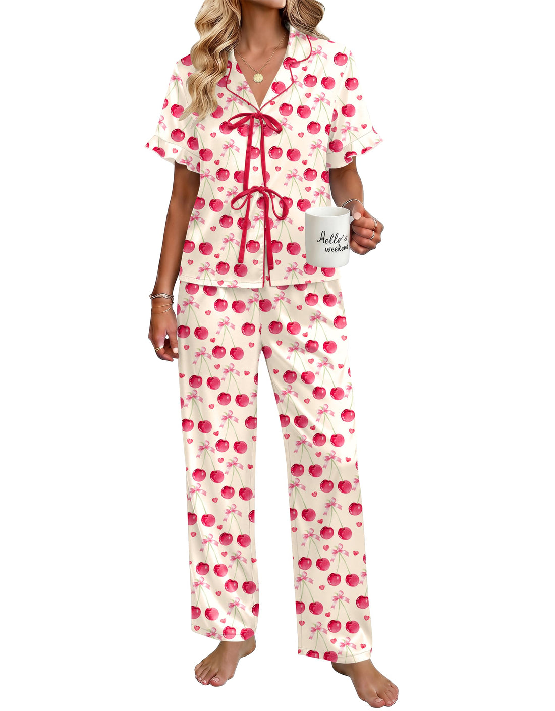 Ekouaer Womens Satin Pajama Sets Silky Tie Front Ruffle Pjs Sets Sleepwear