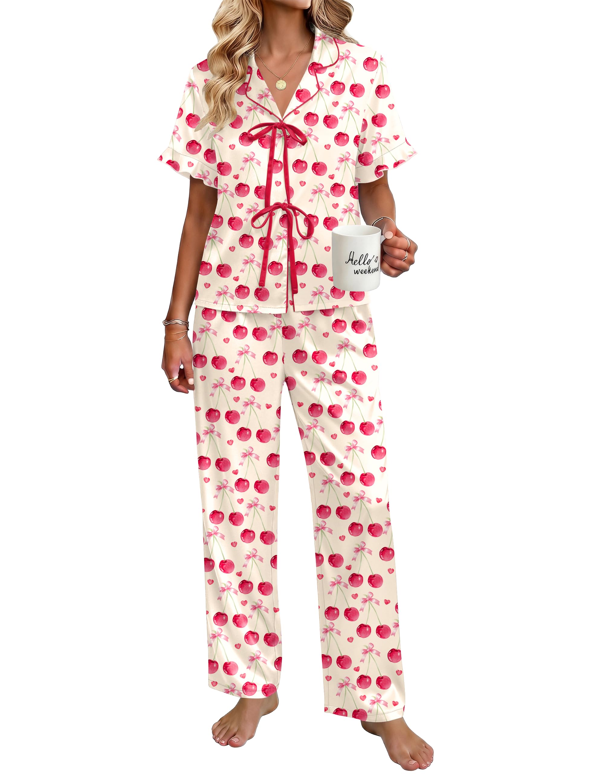 Ekouaer Womens Satin Pajama Sets Silky Tie Front Ruffle Pjs Sets Sleepwear