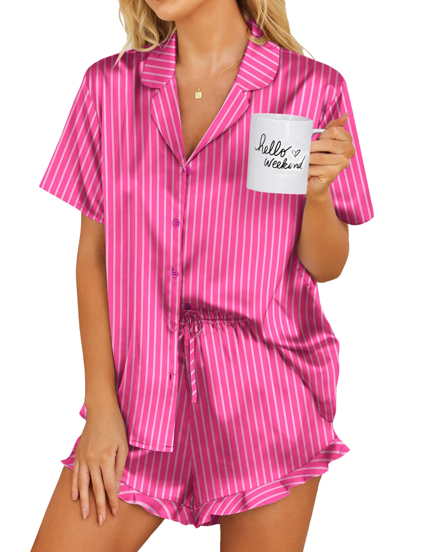 Ekouaer Womens Satin Pajamas Set Button Down 2 Piece Silk Pjs Shorts Set Ruffle Lingerie Notch Collar Sleepwear