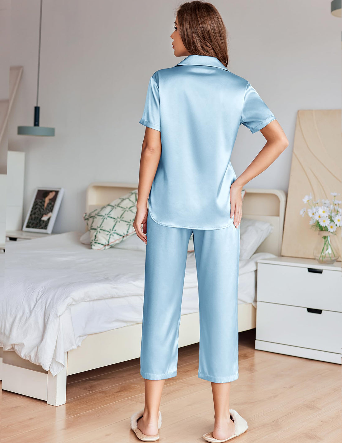 Ekouaer Womens Satin Silky Capri Pajamas Short Sleeve Button Down Sleepwear