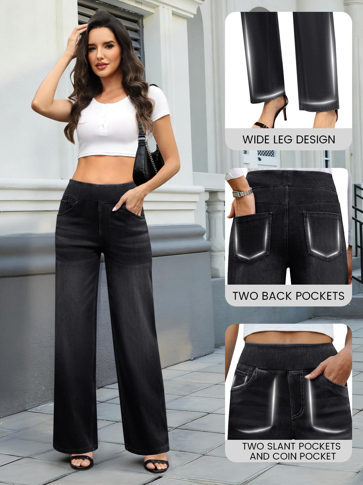COPYLEAF Wide Leg Jeans Woman High Waisted Stretchy Baggy Sweatpant Jeans Pull On Straight Leg Loose Trendy Denim Pants