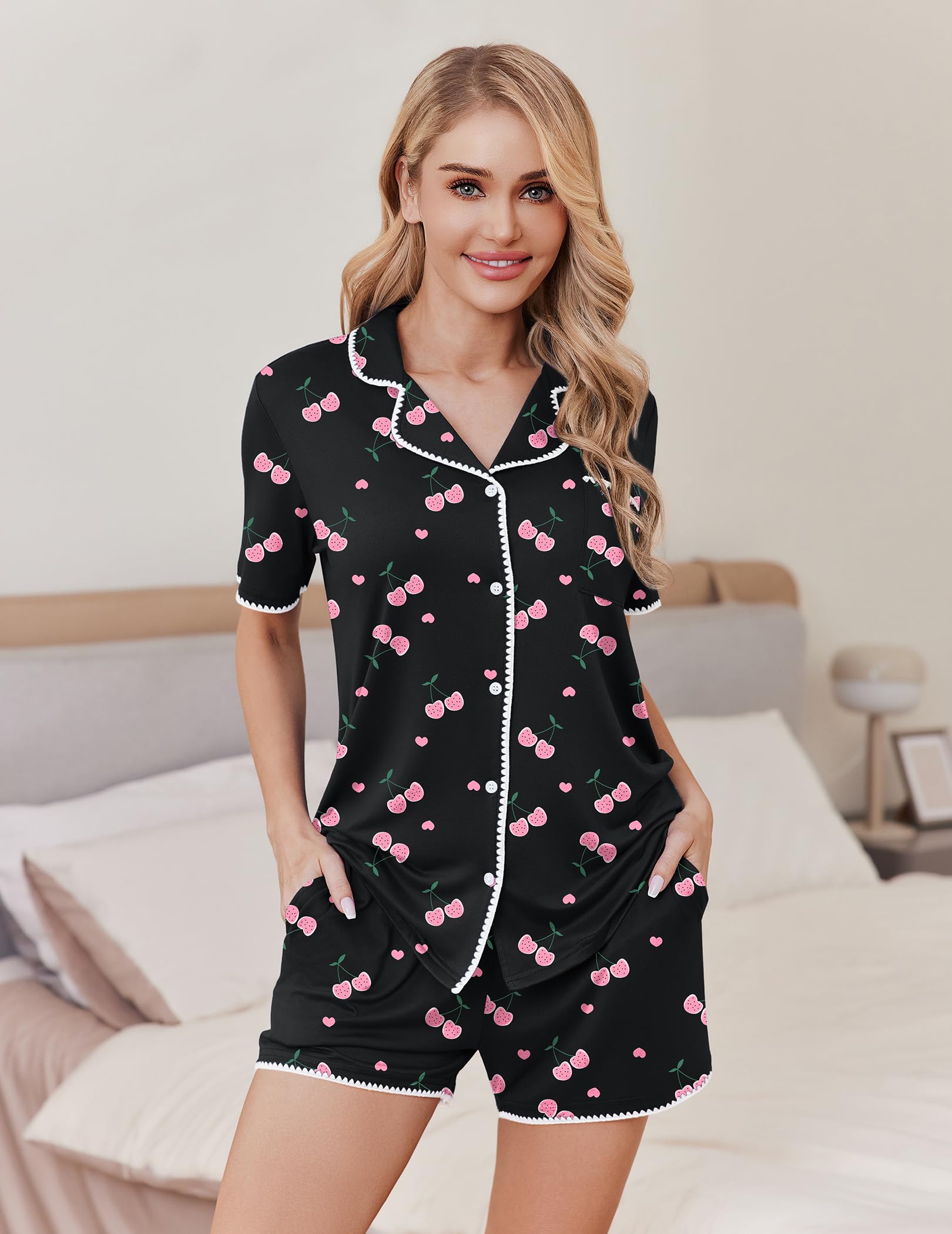 Ekouaer Pajamas for Women Set 2 Piece Soft Button Down Top and Shorts