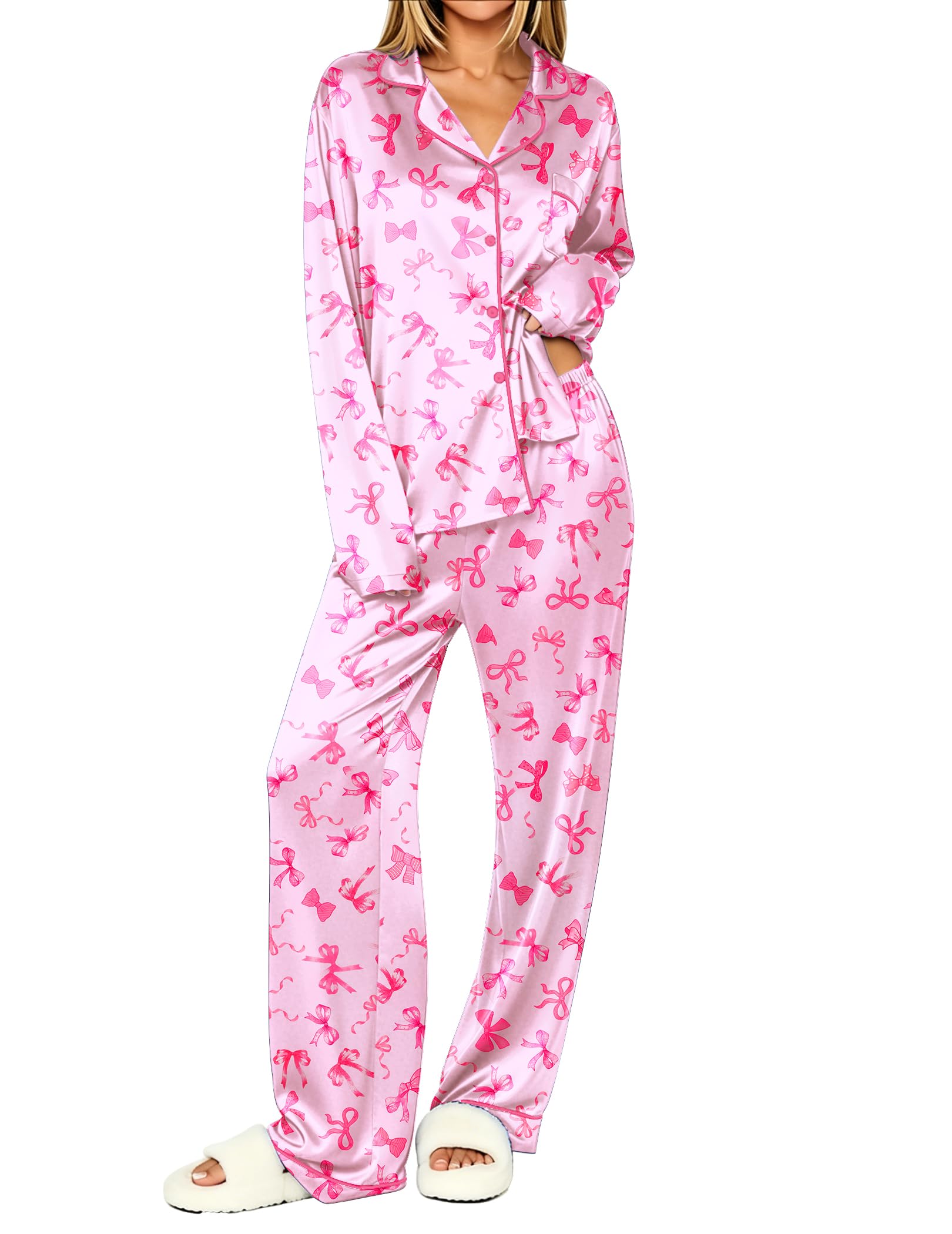Ekouaer Womens Pajamas Silk Satin Long Sleeve Button Down Pjs Lounge Set
