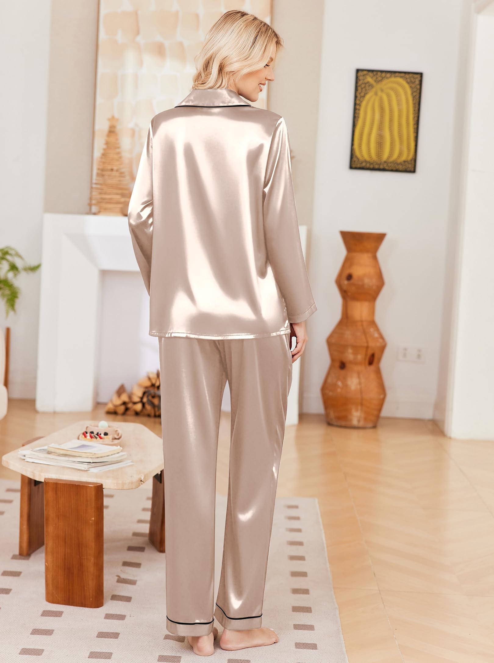 Ekouaer Womens Pajamas Silk Satin Long Sleeve Button Down Pjs Lounge Set