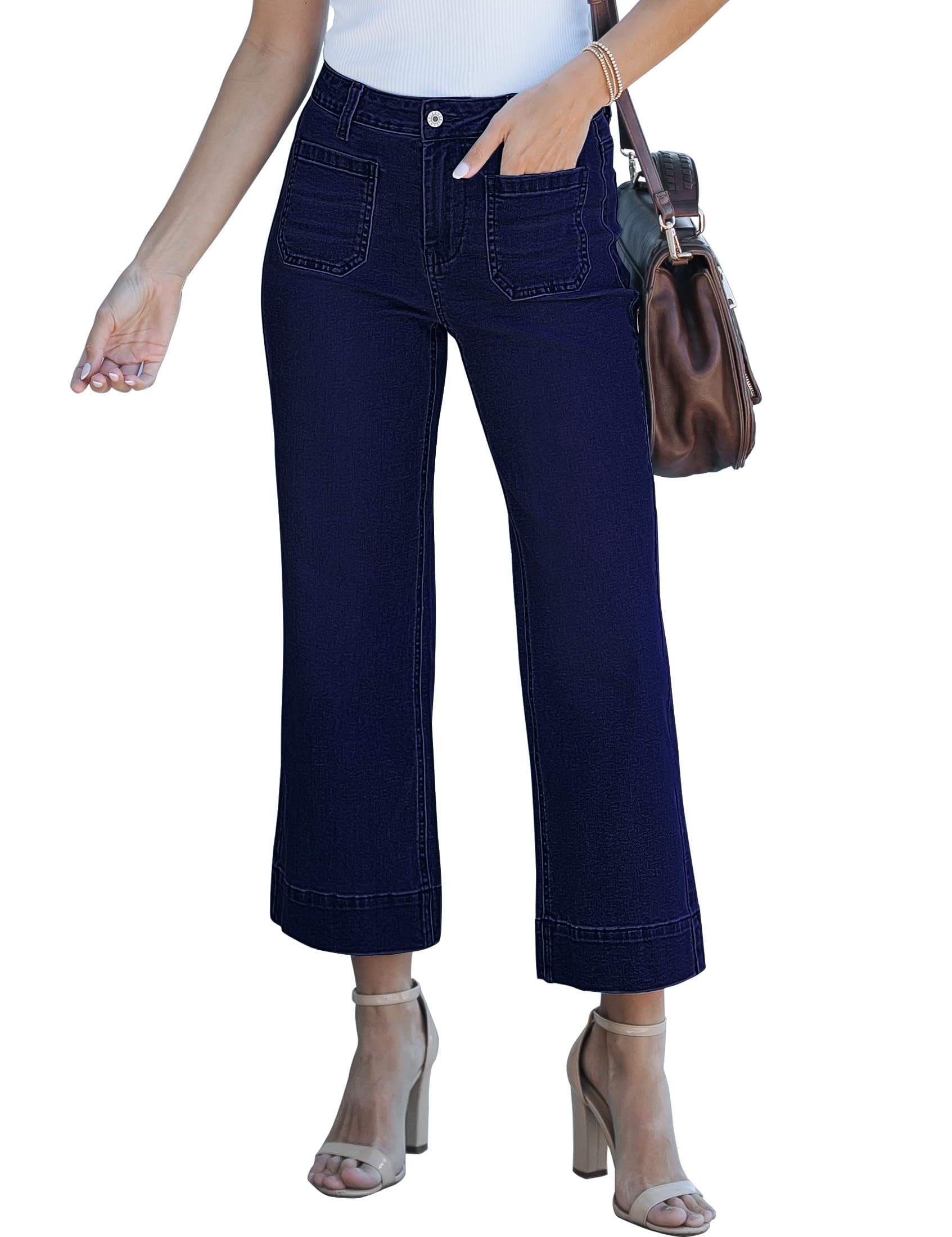 luvamia Wide Leg Jeans for Women Trendy High Waisted Flare Jeans Cropped Denim Pants Stretchy Baggy with Patch Pockets