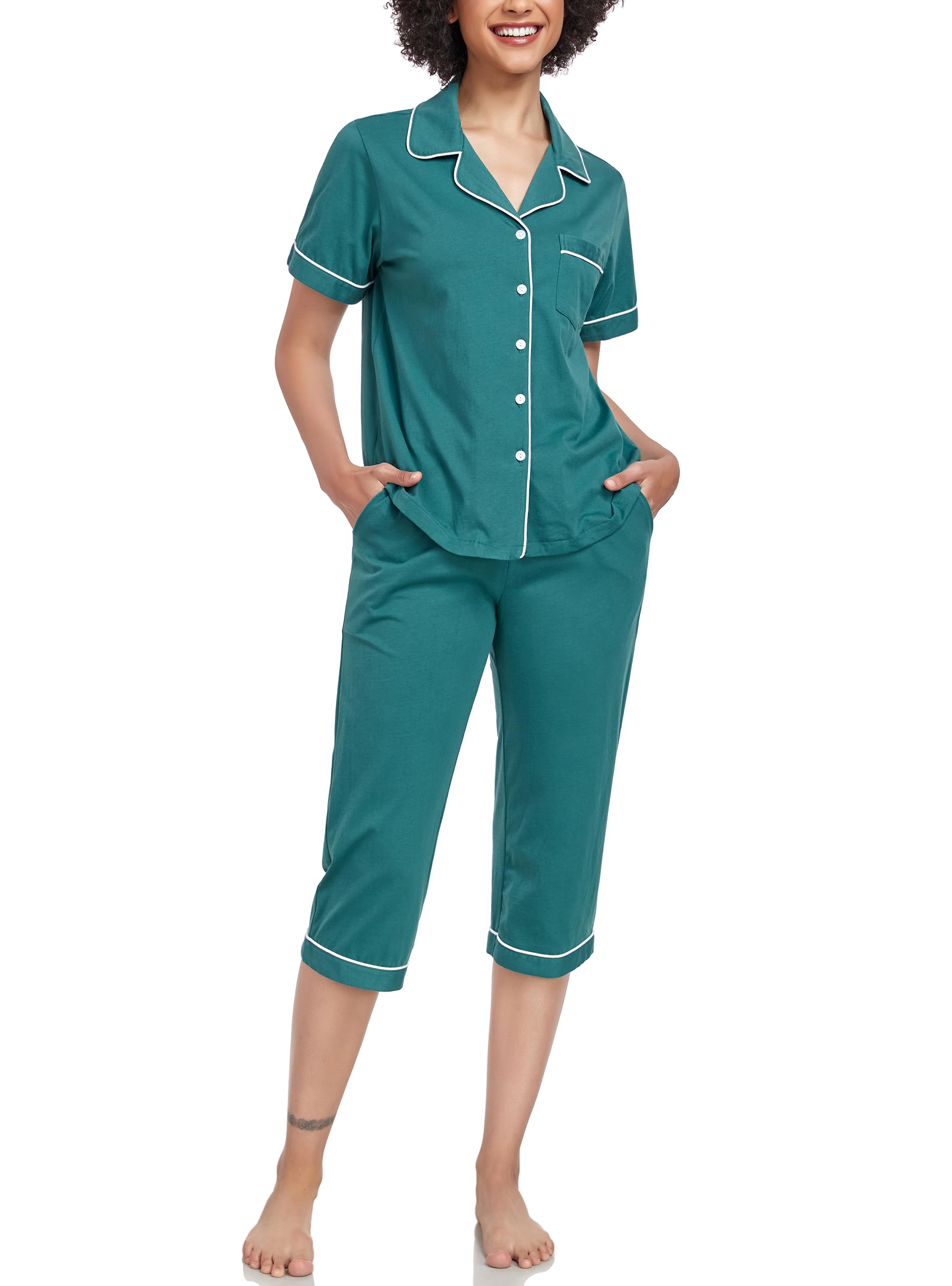 COLORFULLEAF 100% Cotton Women's Pajama Sets Short Sleeve Capri Pajamas for Women Set Button Down Pjs Soft Sleepwear Summer