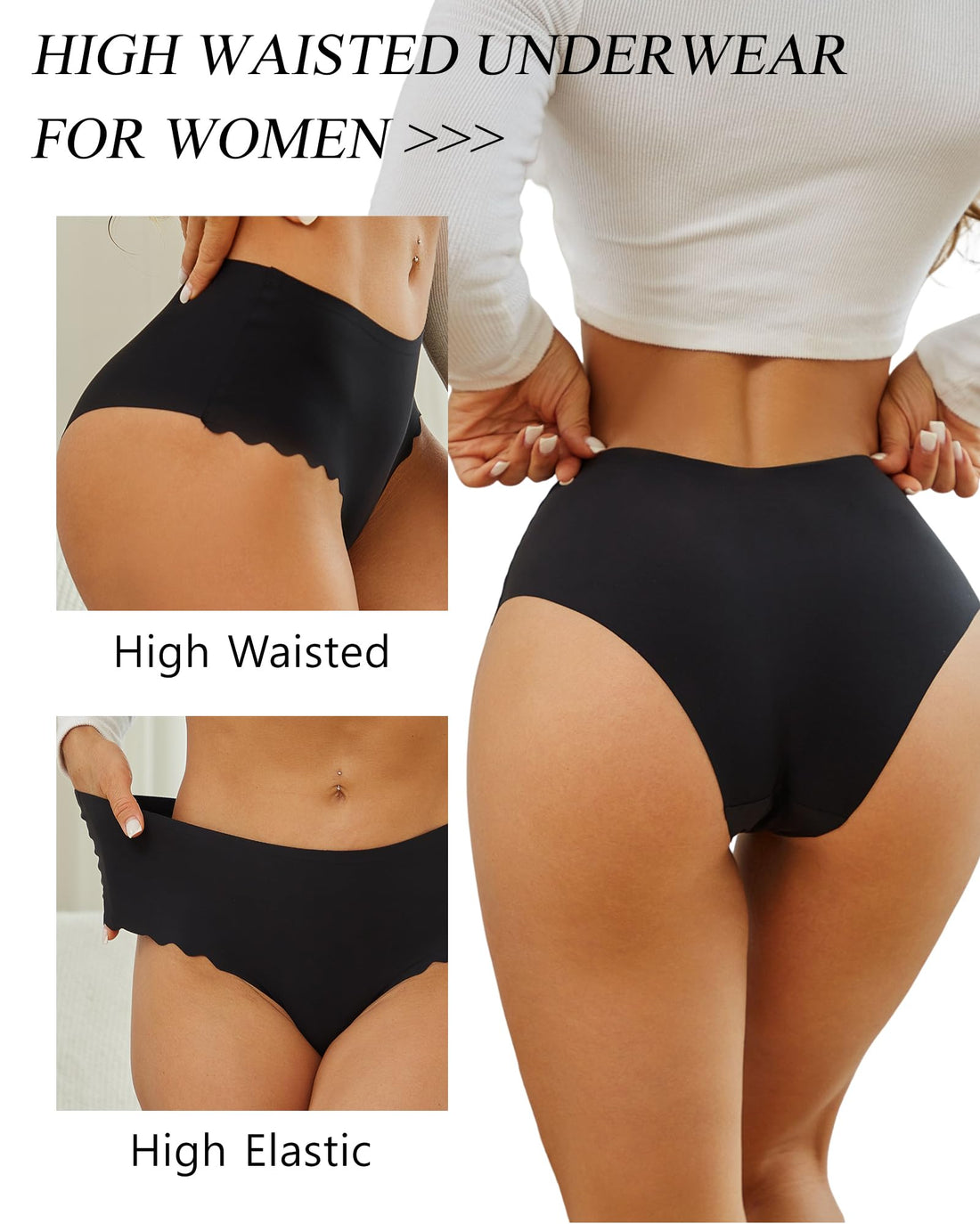 Sth Big High Waisted Seamless Underwear for Women No Show Panties Cheeky Scalloped Edge Bikini Breathable Briefs 6 Pack