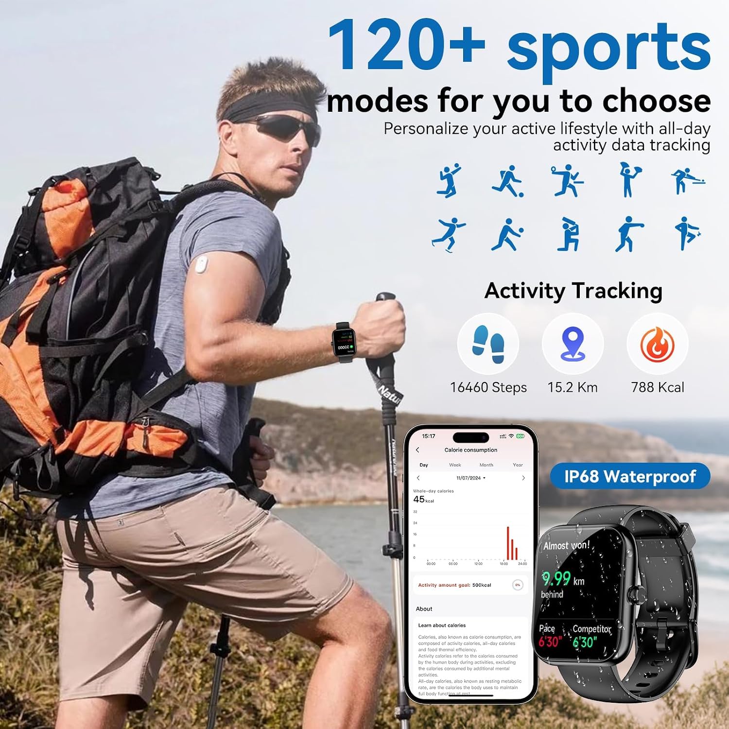 Smart Watch with Alexa Built-in, 1.83" HD Health Fitness Tracker, Bluetooth Calls/Notifications, 120+ Sports Modes, 24/7 Heart Rate/Sleep Tracking, IP68 Waterproof for iPhone and Android (Black)
